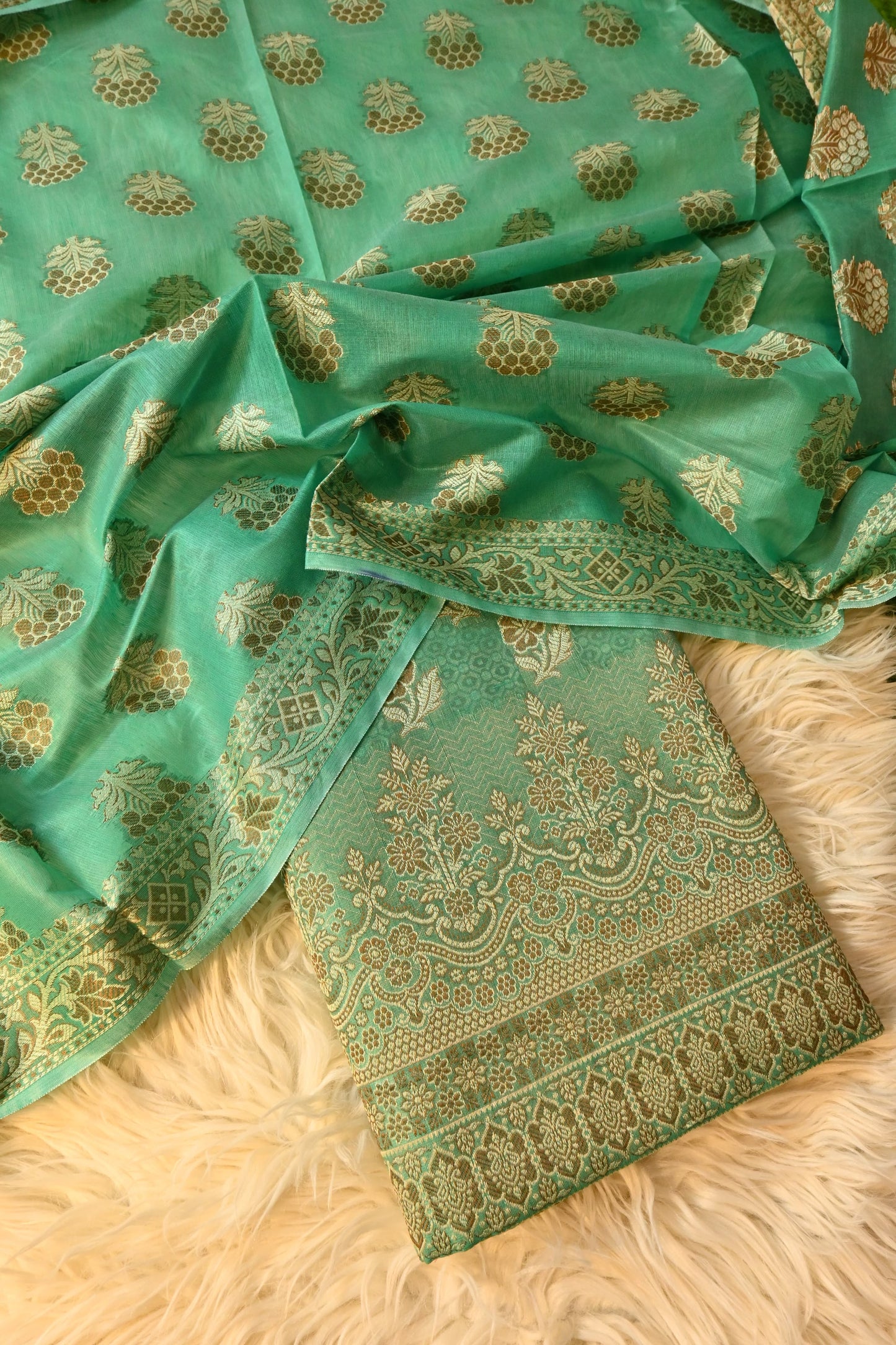 Sea Green Meenadar Banarasi Cotton Silk 3 Piece Suit