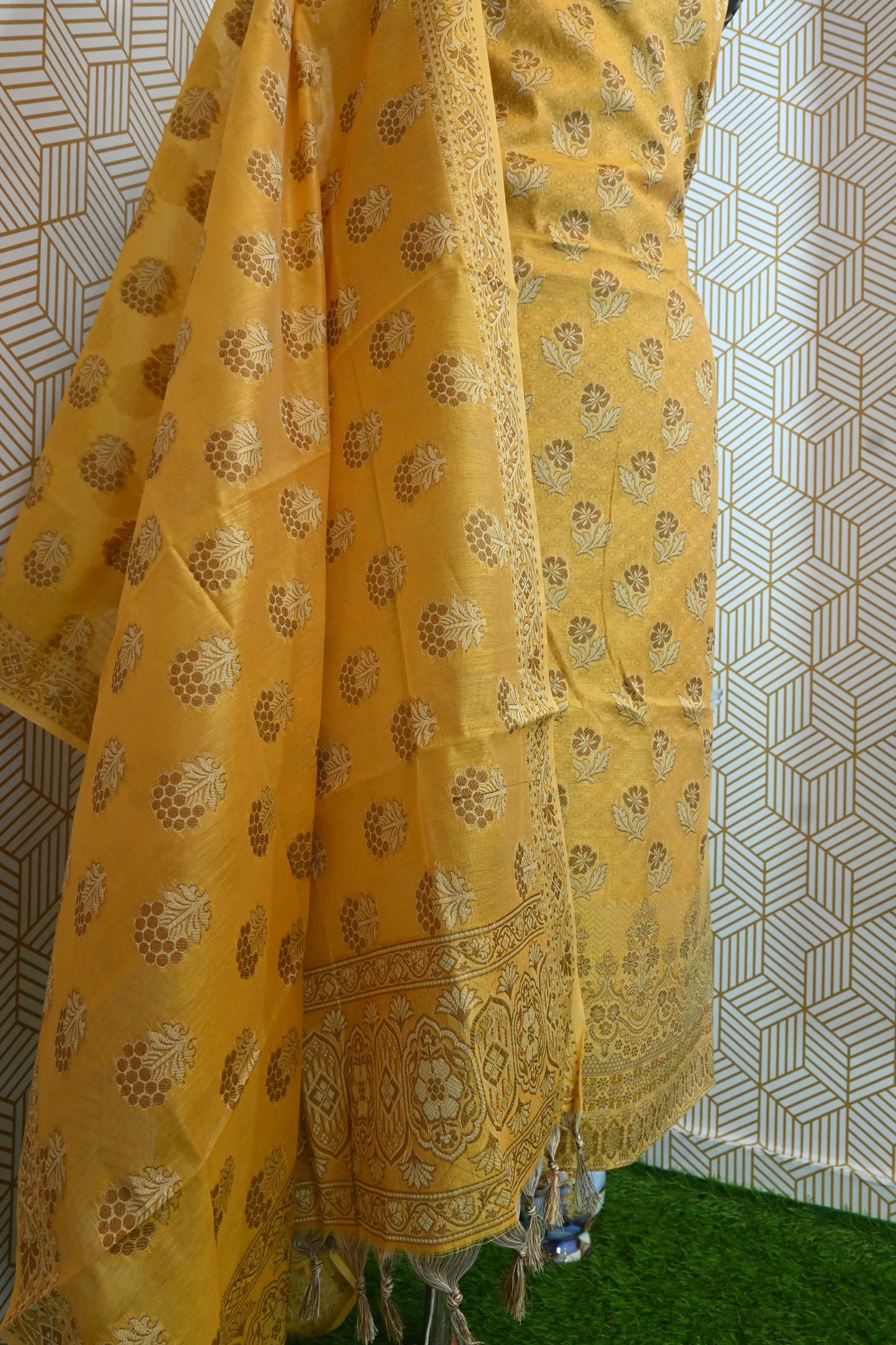 Yellow Meenadar Banarasi Cotton Silk 3 Piece Suit
