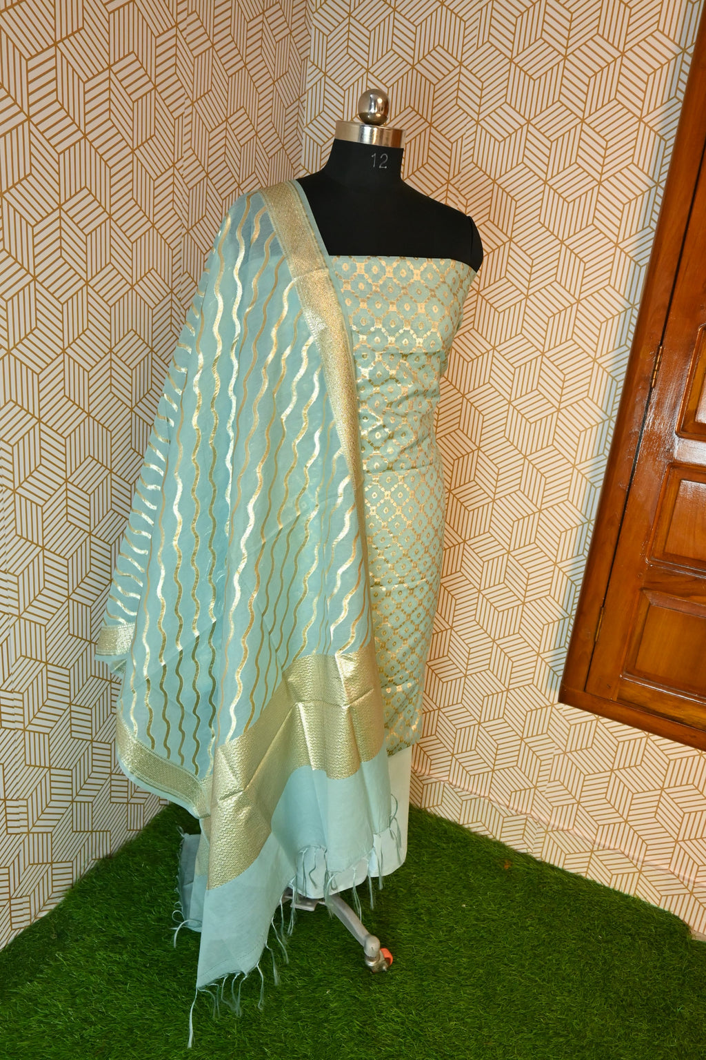 Sky Blue Banarasi Kimkhab Silk 3 Piece Suit