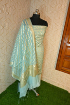 Sky Blue Banarasi Cotton Silk 3 Piece Suit
