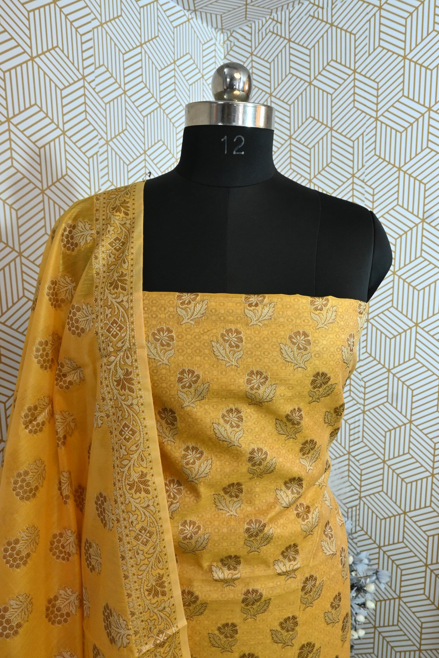 Yellow Meenadar Banarasi Cotton Silk 3 Piece Suit