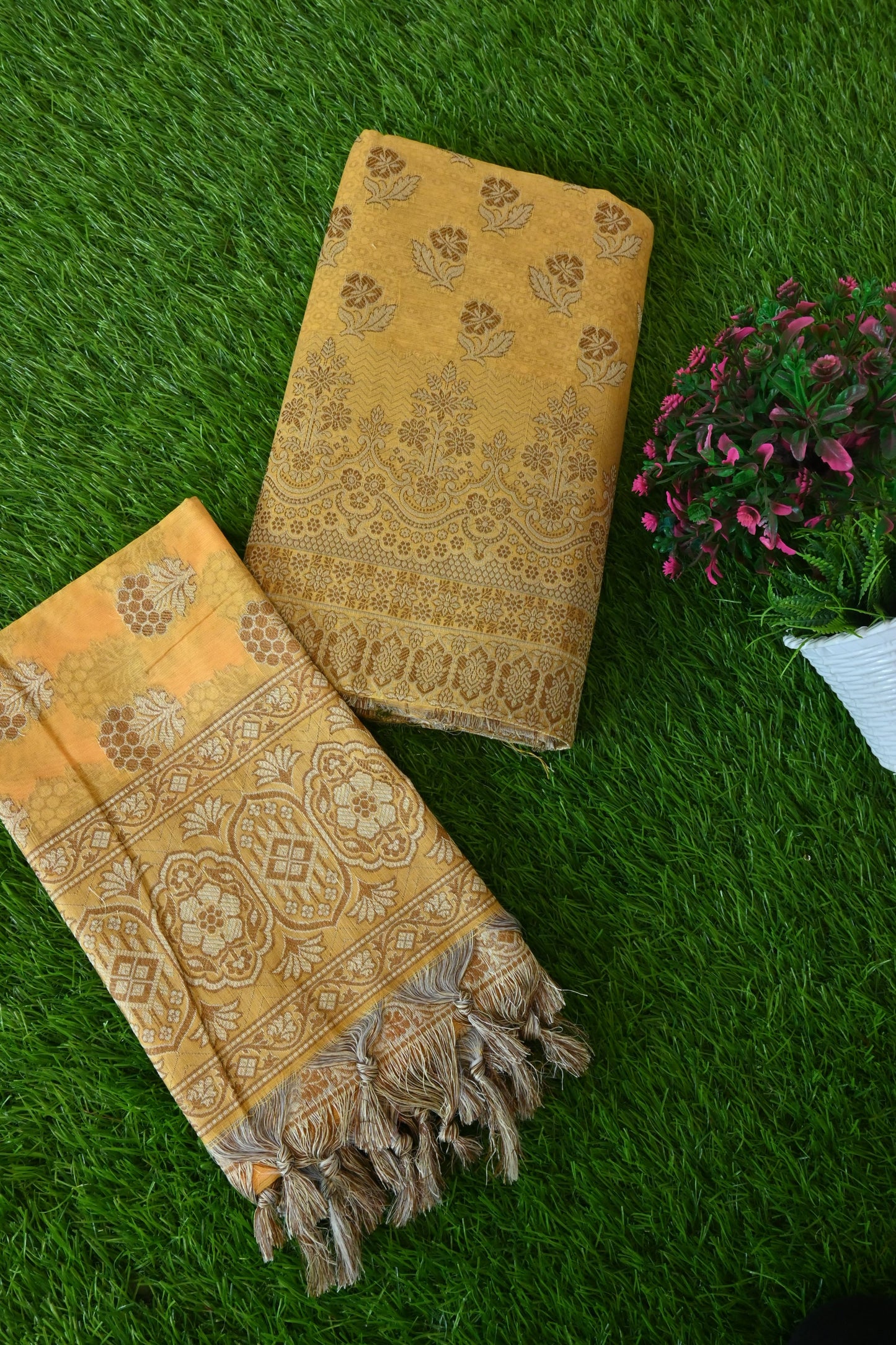 Yellow Meenadar Banarasi Cotton Silk 3 Piece Suit