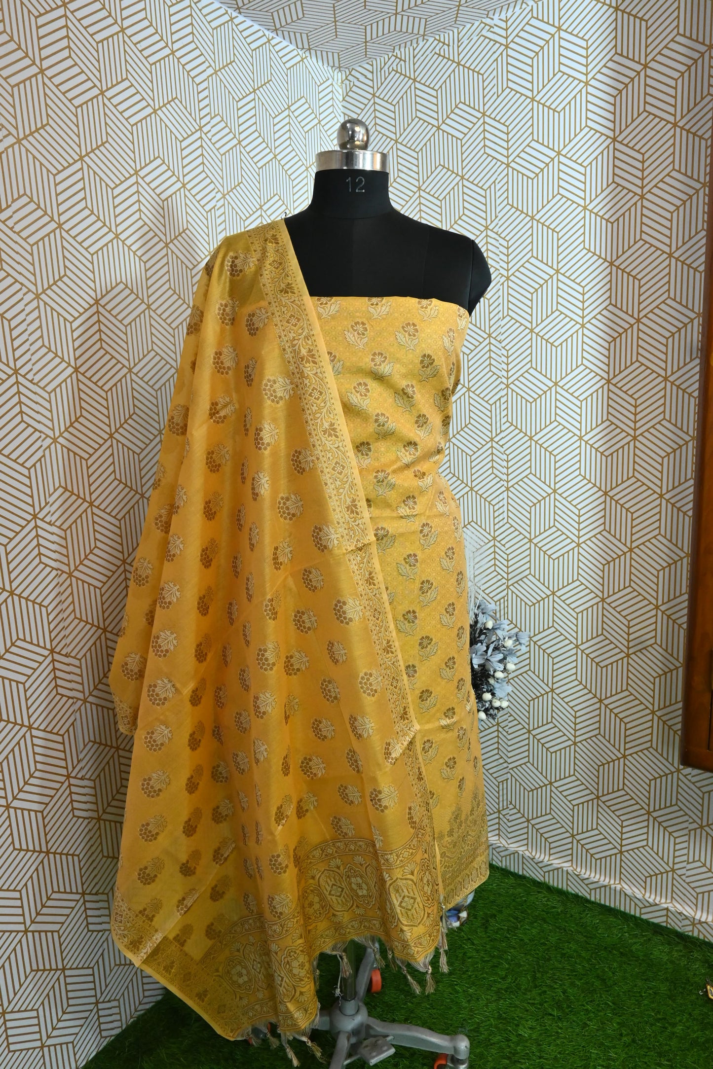 Yellow Meenadar Banarasi Cotton Silk 3 Piece Suit