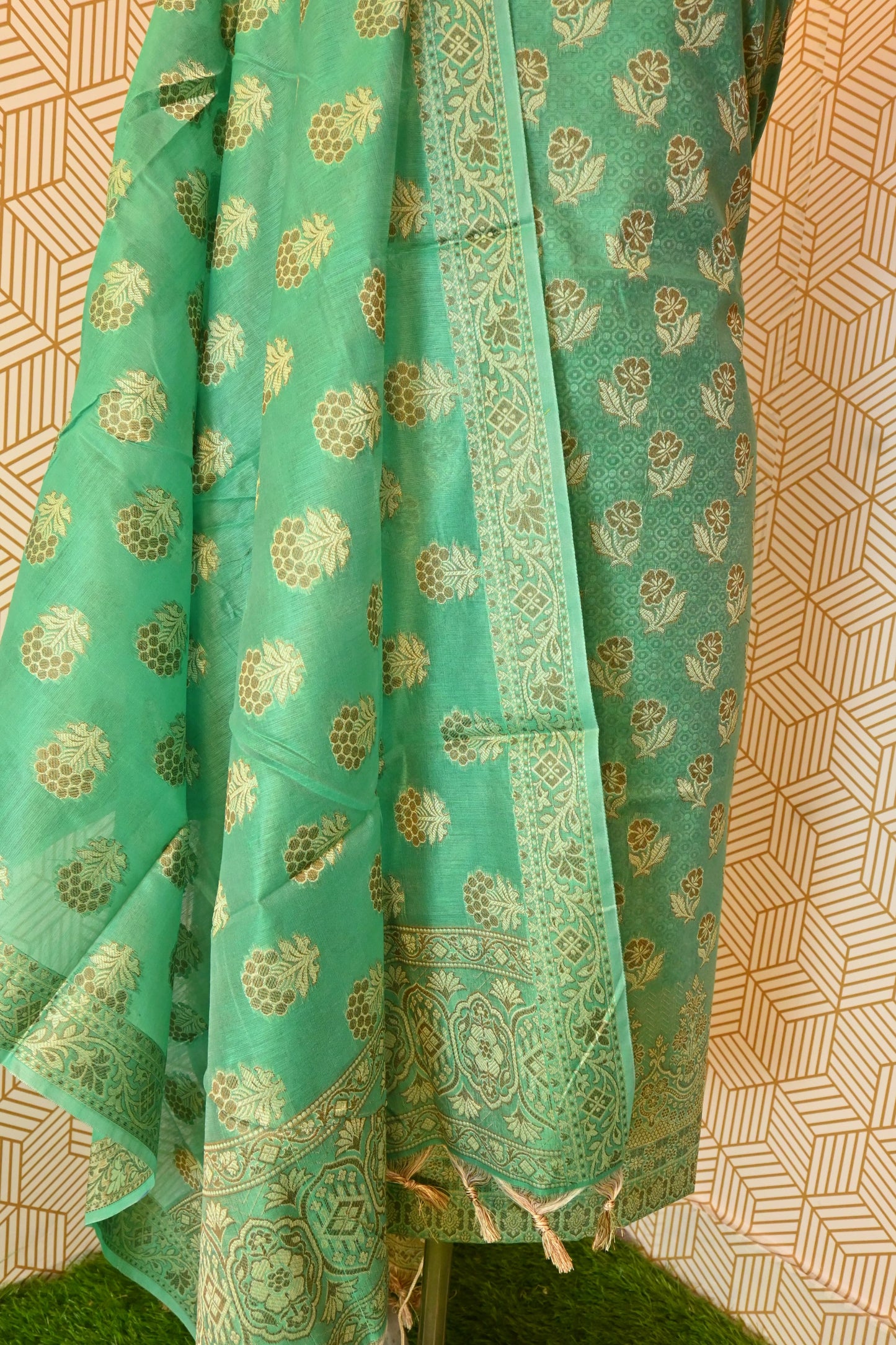 Sea Green Meenadar Banarasi Cotton Silk 3 Piece Suit