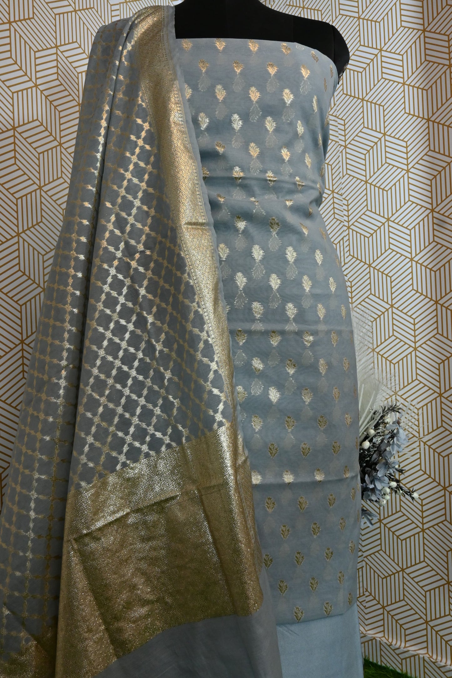 Grey Banarasi Cotton Silk 3 Piece Suit