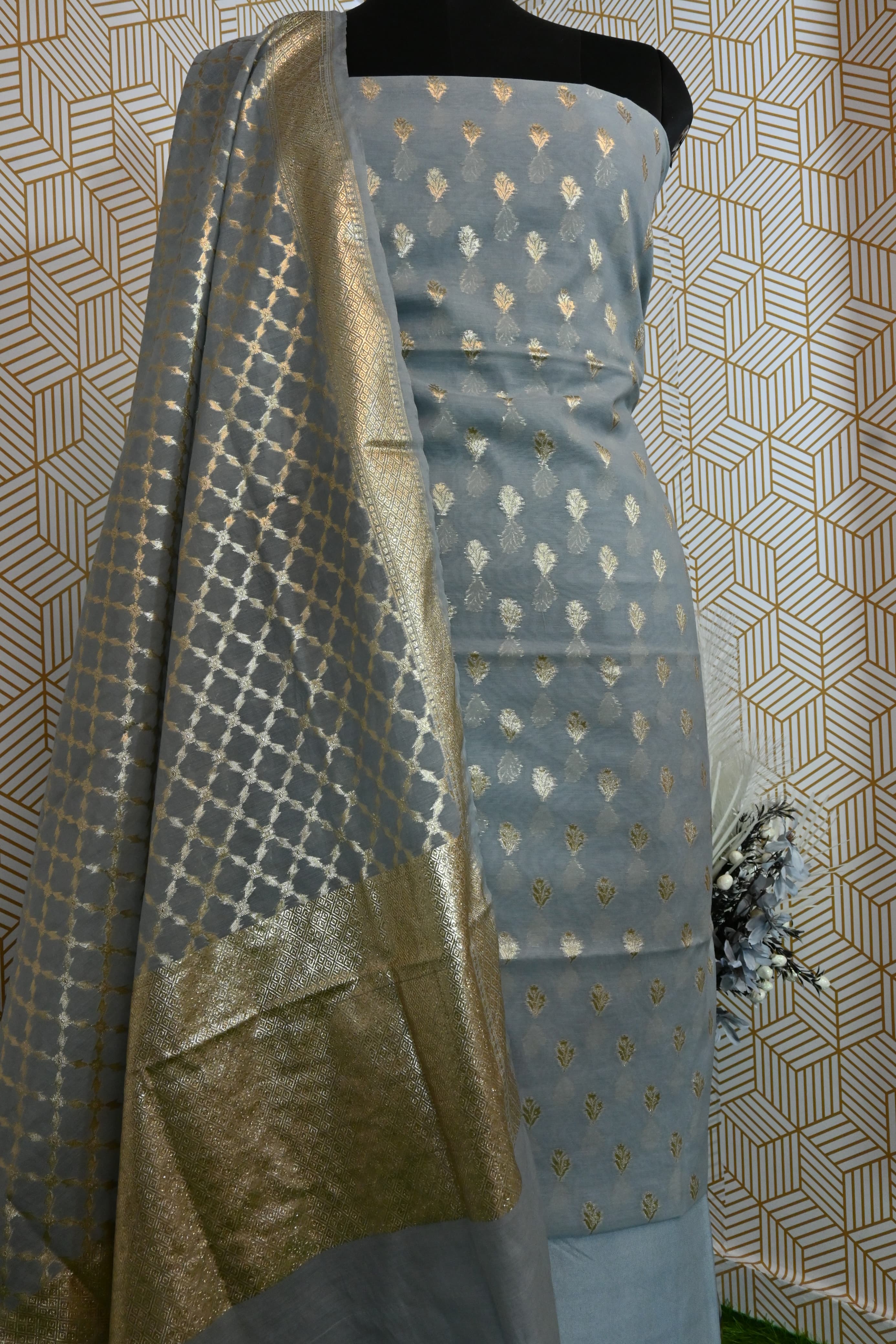 Grey Banarasi Kimkhab Silk 3 Piece Suit