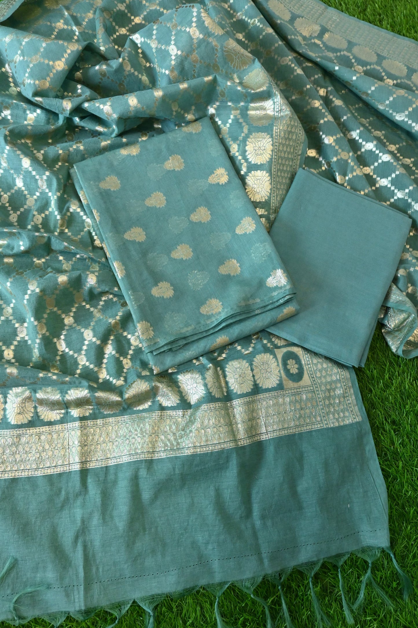 Grey Blue Banarasi Cotton Silk 3 Piece Suit