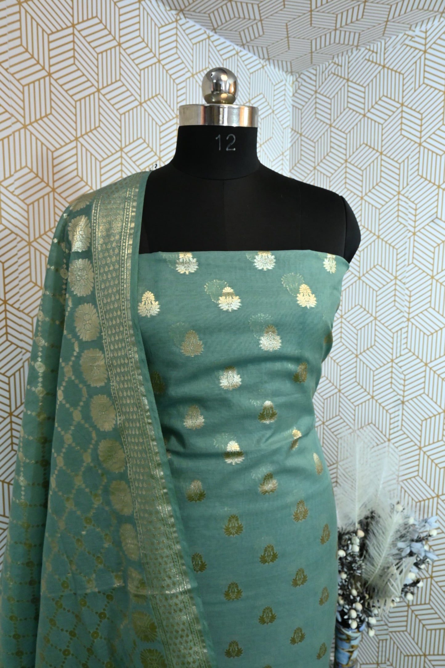 Grey Blue Banarasi Cotton Silk 3 Piece Suit