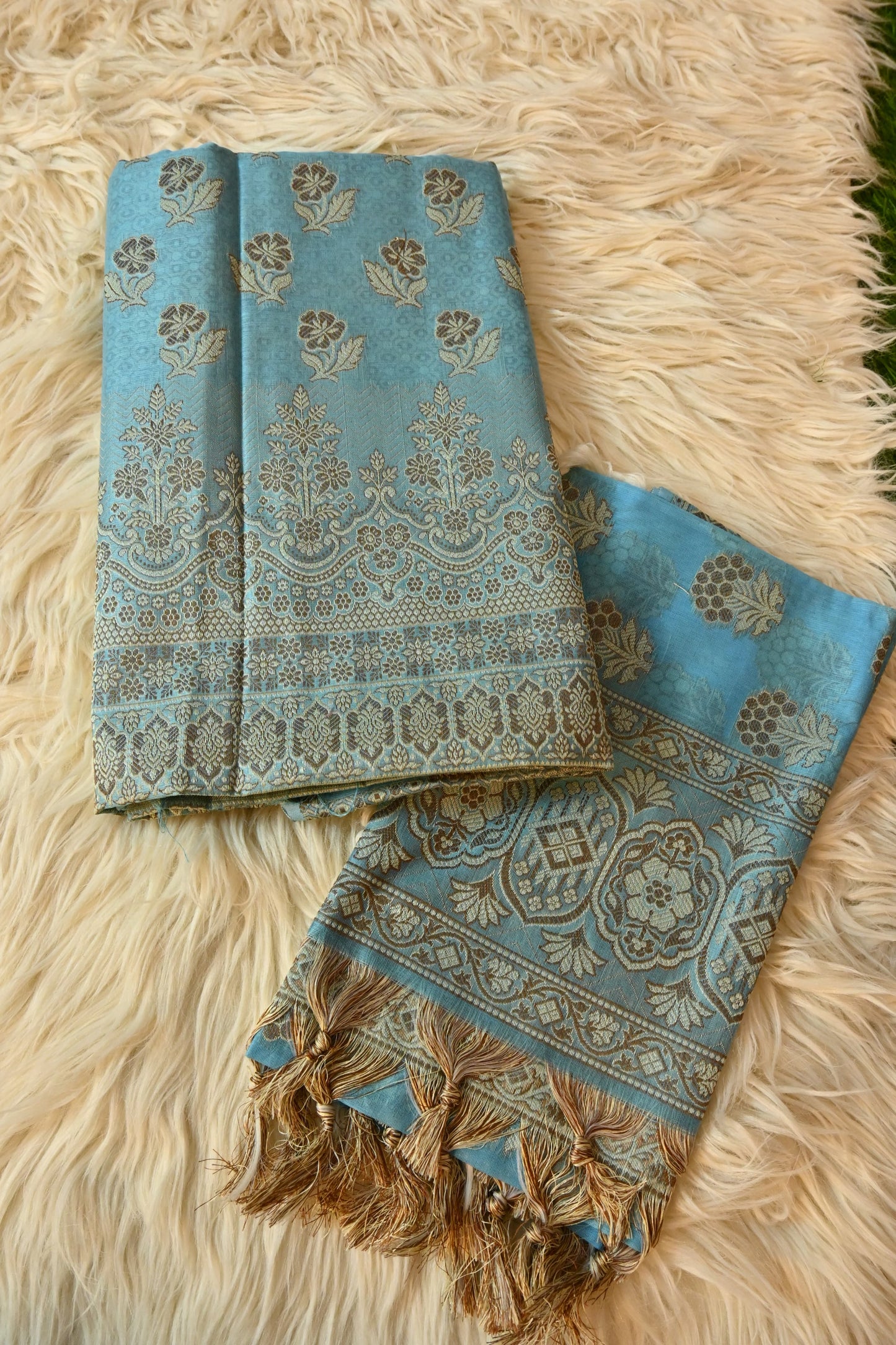 Sky Blue Banarasi cotton Silk 3 Piece Suit