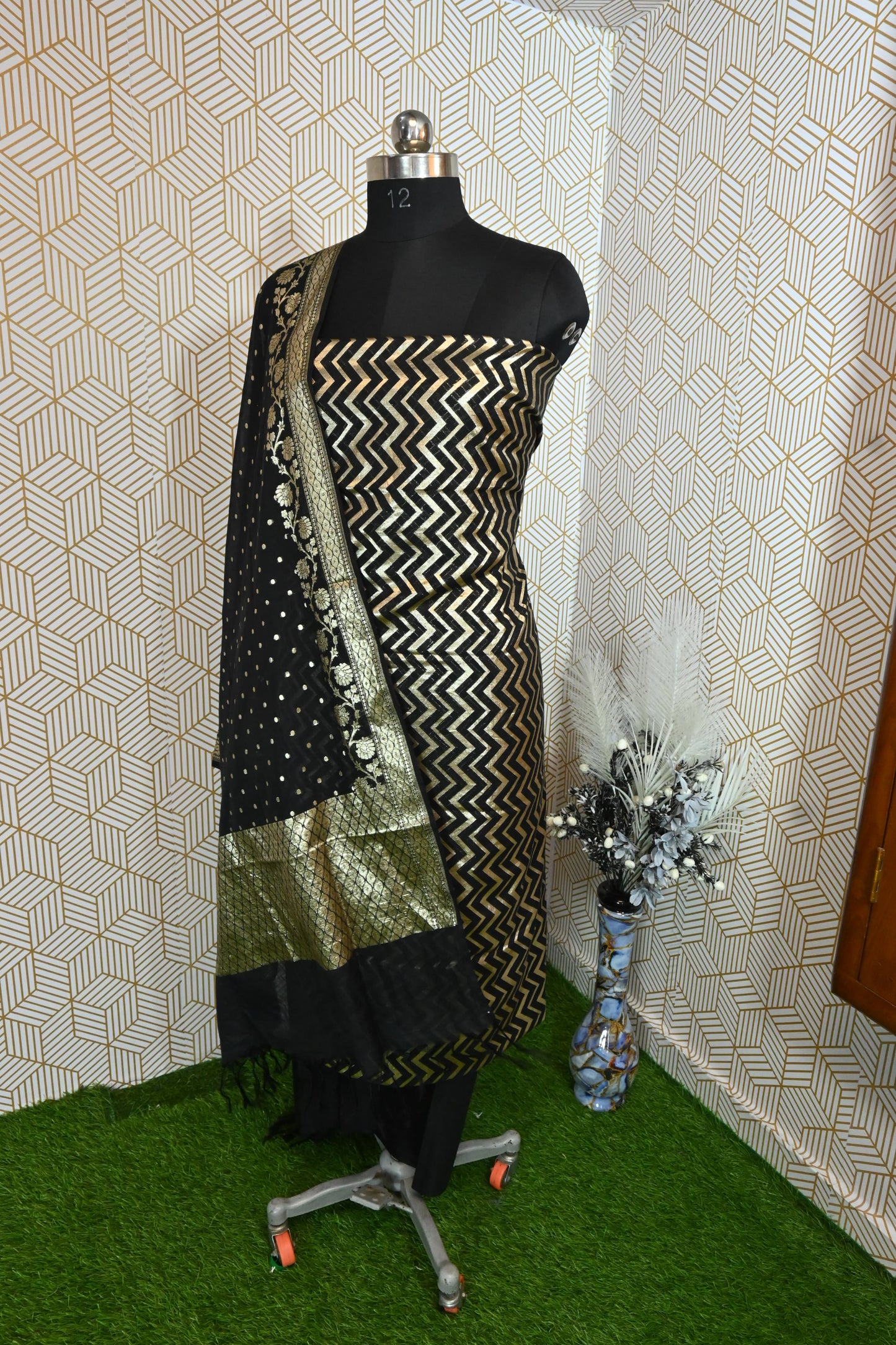 Black Zig-Zag Banarasi Cotton Silk 3 Piece Suit