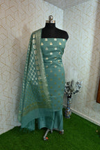 Grey Blue Banarasi Cotton Silk 3 Piece Suit