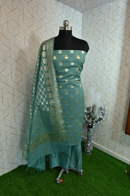Grey Blue Banarasi Cotton Silk 3 Piece Suit
