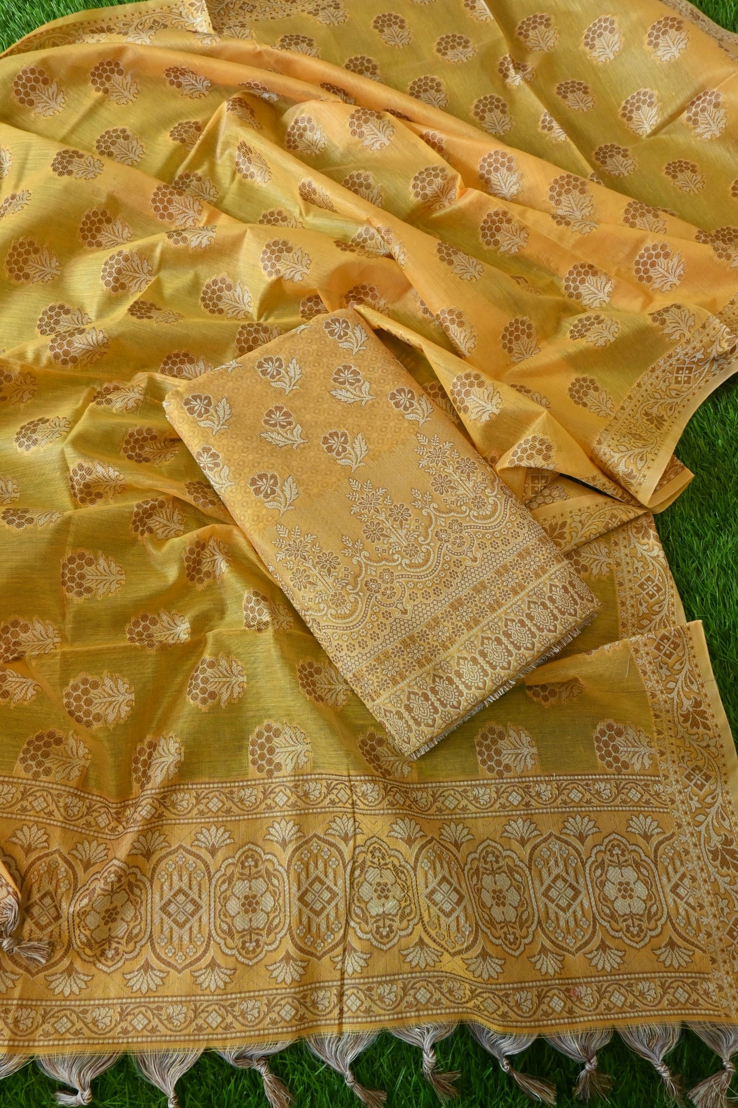 Yellow Meenadar Banarasi Cotton Silk 3 Piece Suit