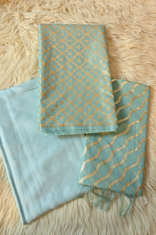 Sky Blue Banarasi Cotton Silk 3 Piece Suit