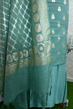 Grey Blue Banarasi Cotton Silk 3 Piece Suit