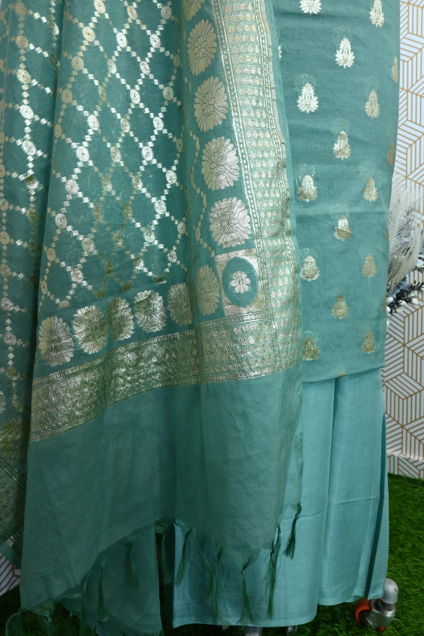 Grey Blue Banarasi Cotton Silk 3 Piece Suit