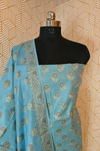 Sky Blue Banarasi cotton Silk 3 Piece Suit