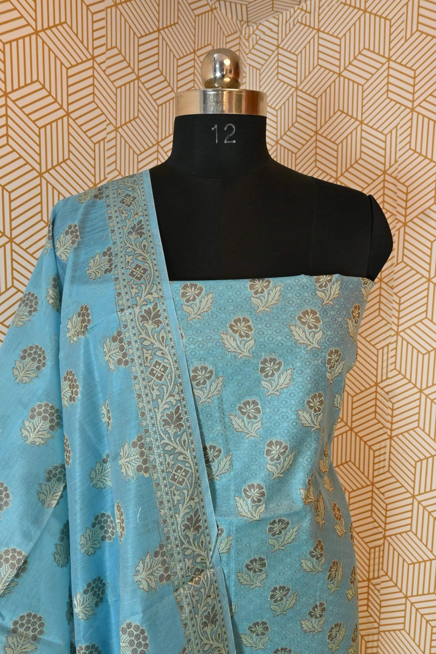 Sky Blue Banarasi cotton Silk 3 Piece Suit