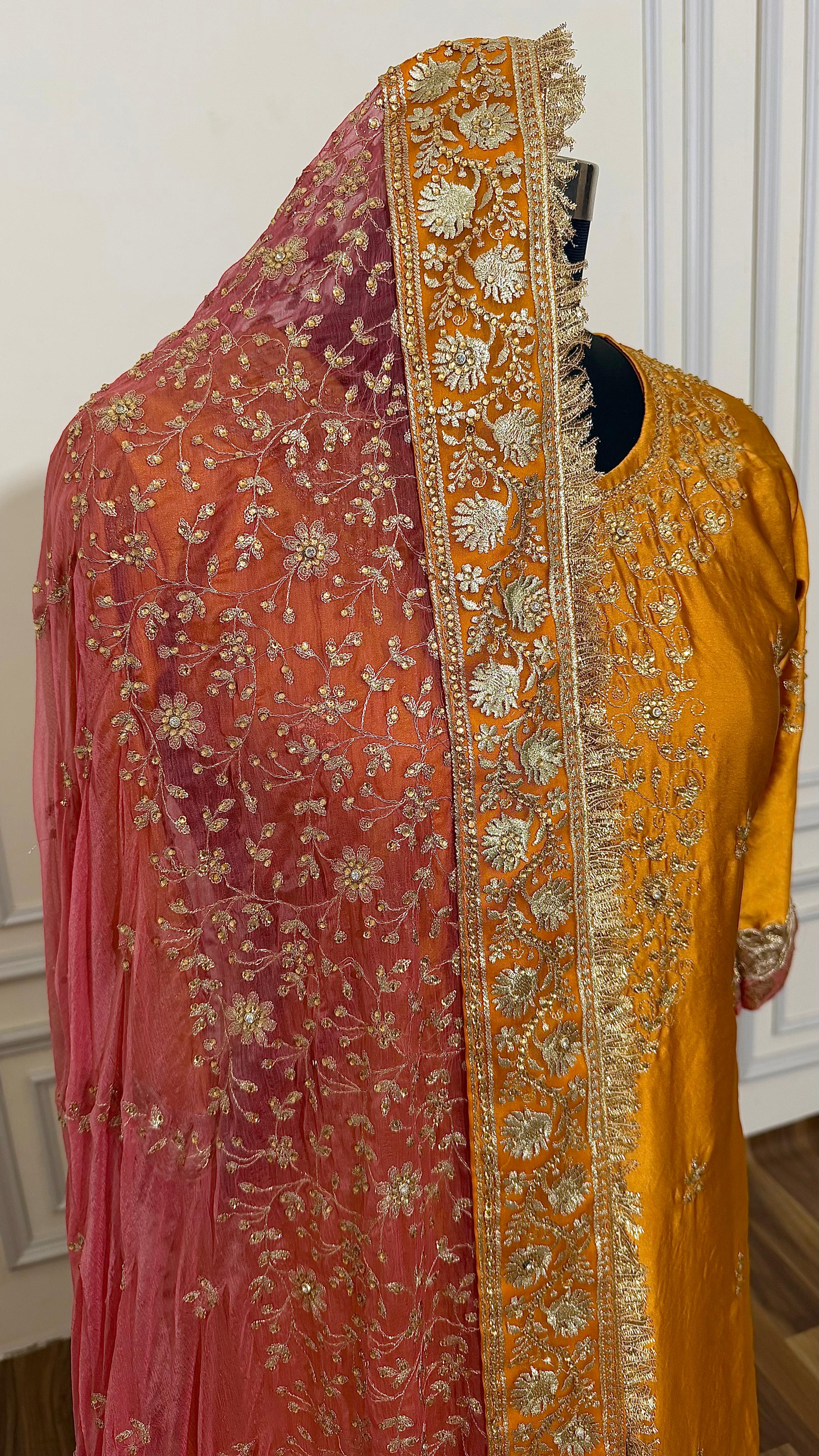 ITALIAN SATIN SILK BASED BOARDER CONTRAST WORK GHARARA