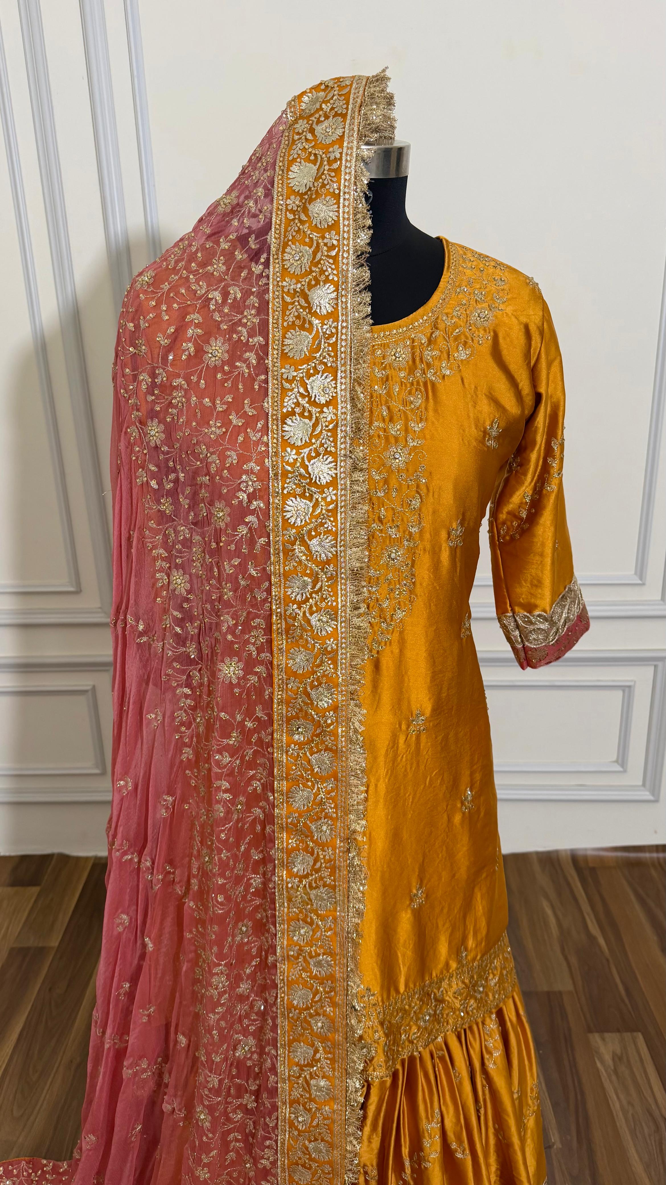 ITALIAN SATIN SILK BASED BOARDER CONTRAST WORK GHARARA