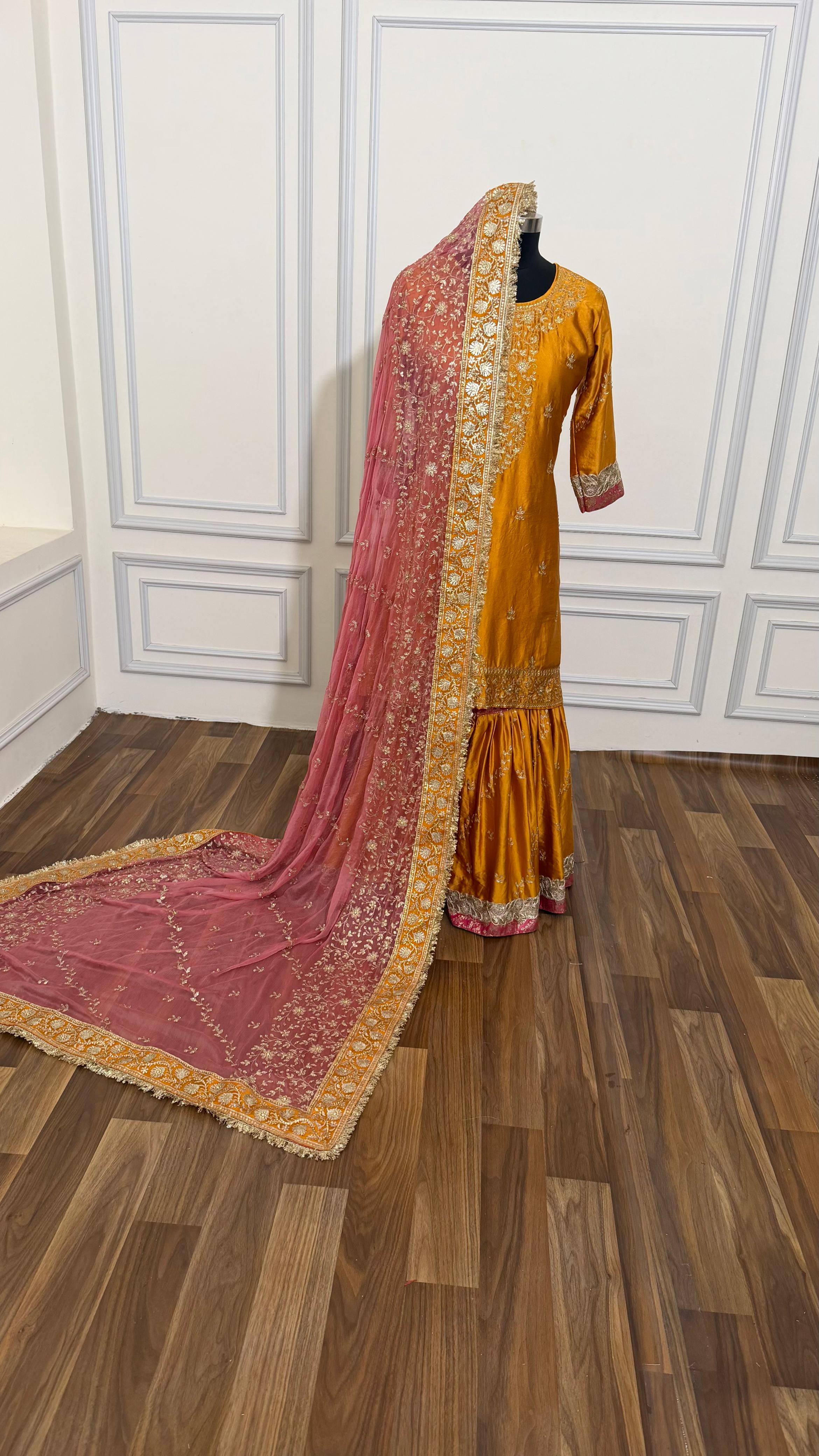 ITALIAN SATIN SILK BASED BOARDER CONTRAST WORK GHARARA
