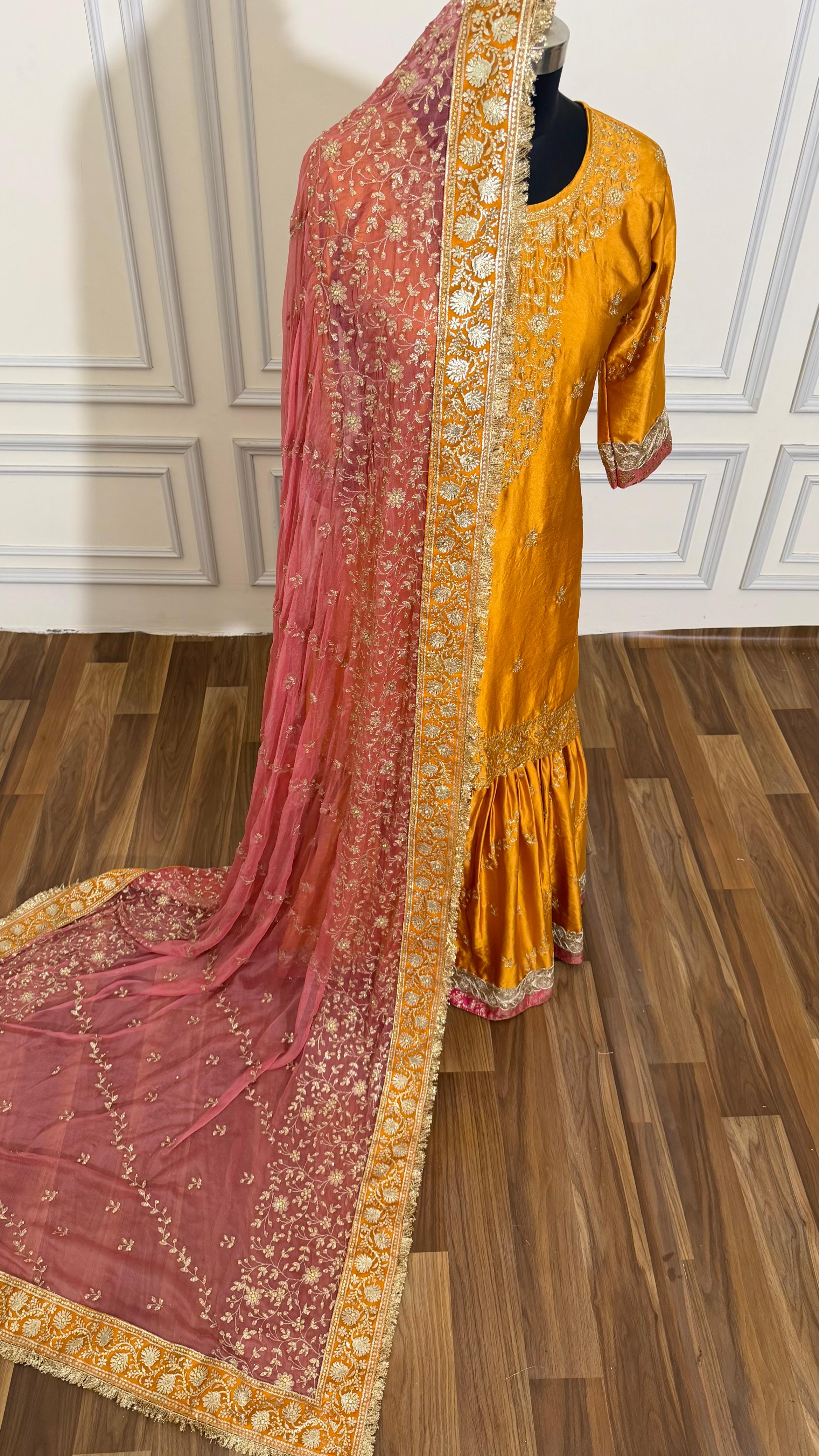 ITALIAN SATIN SILK BASED BOARDER CONTRAST WORK GHARARA