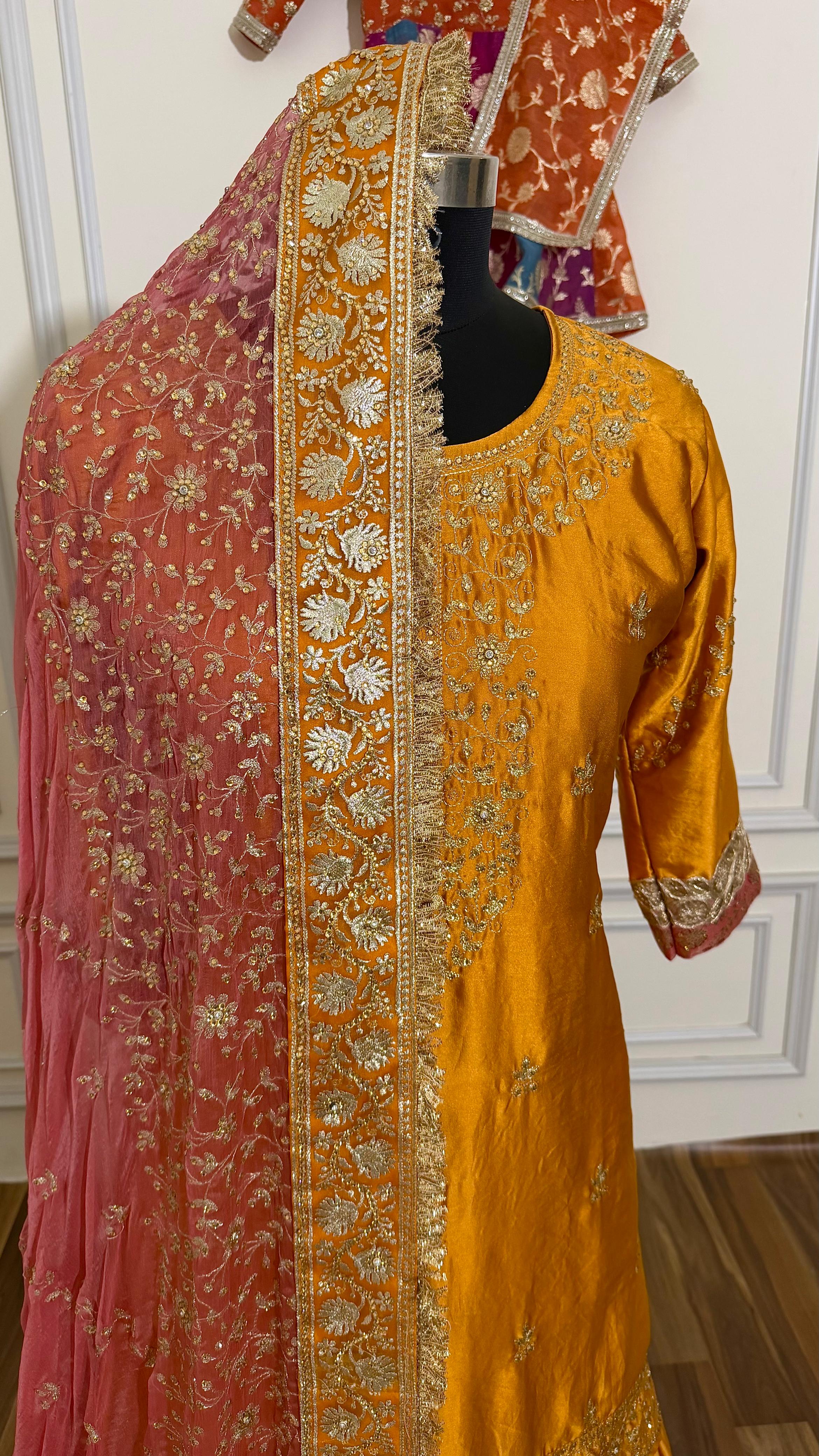 ITALIAN SATIN SILK BASED BOARDER CONTRAST WORK GHARARA