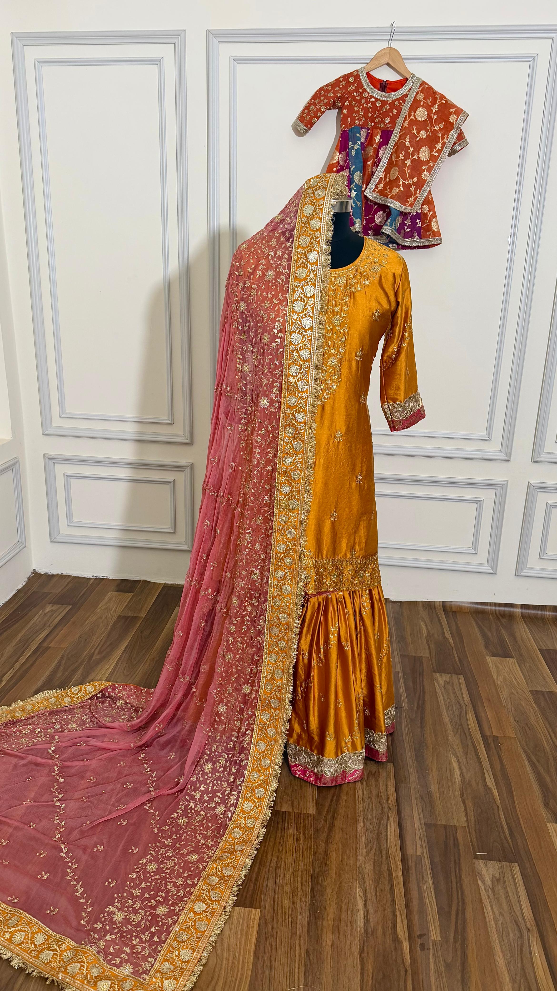 ITALIAN SATIN SILK BASED BOARDER CONTRAST WORK GHARARA