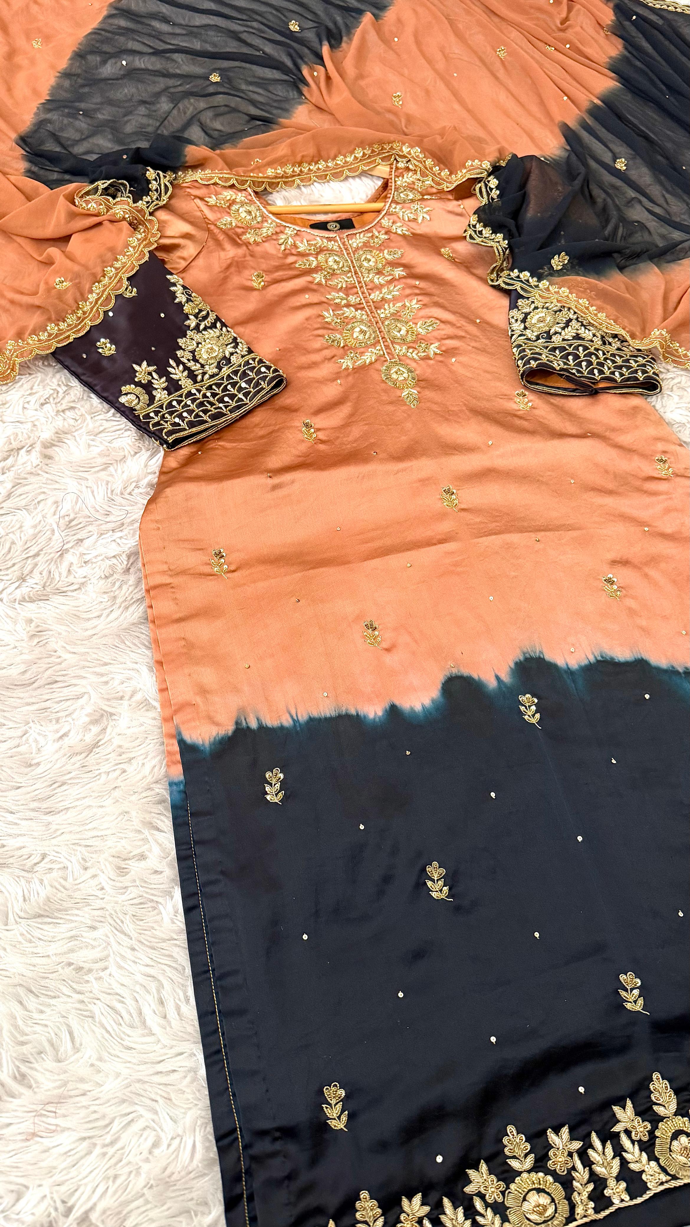 ITALIAN SATIN SILK BASED MATERIAL AND OXIDISED ZARDOZI 3 PIECE SUIT