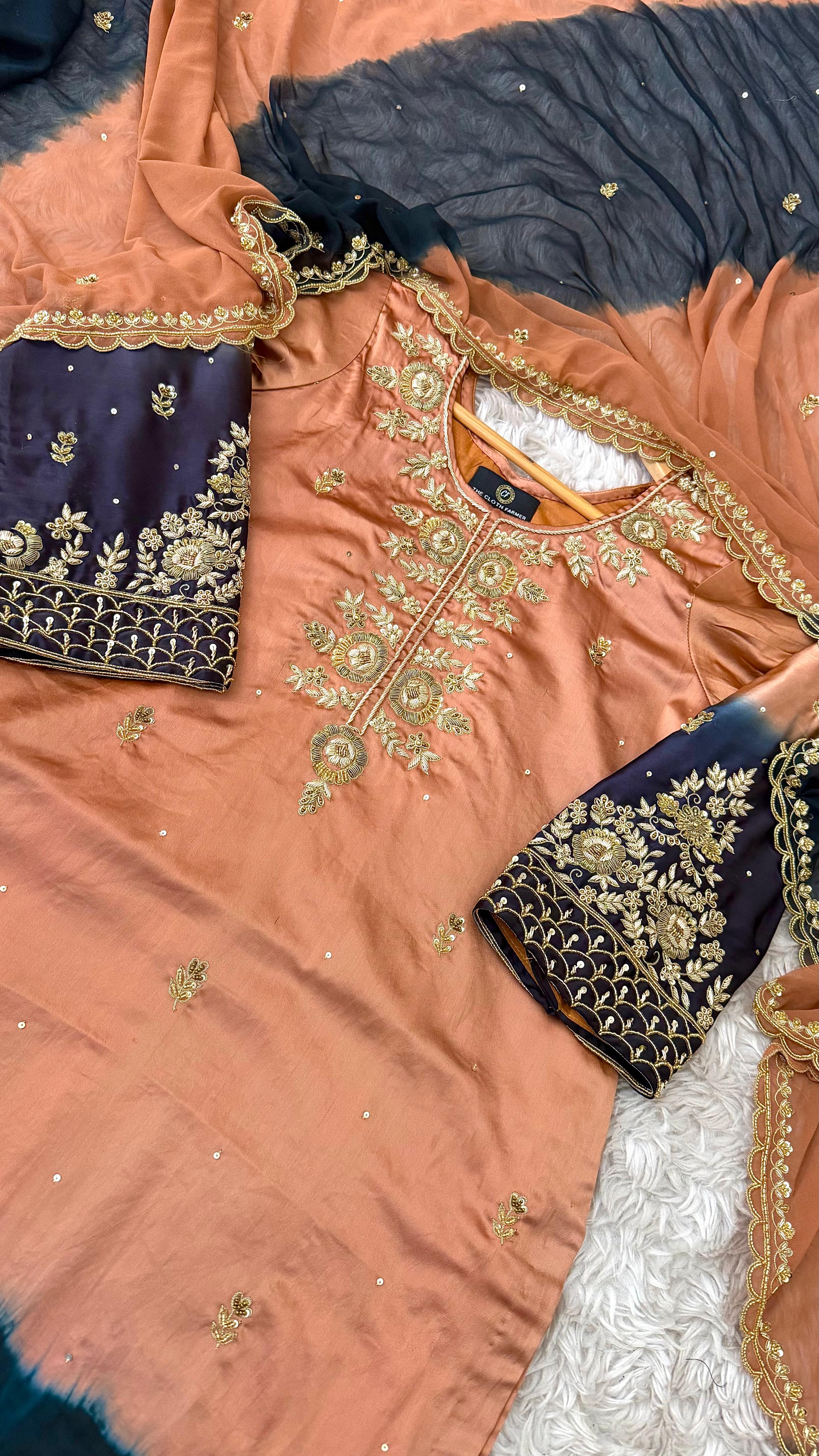 ITALIAN SATIN SILK BASED MATERIAL AND OXIDISED ZARDOZI 3 PIECE SUIT