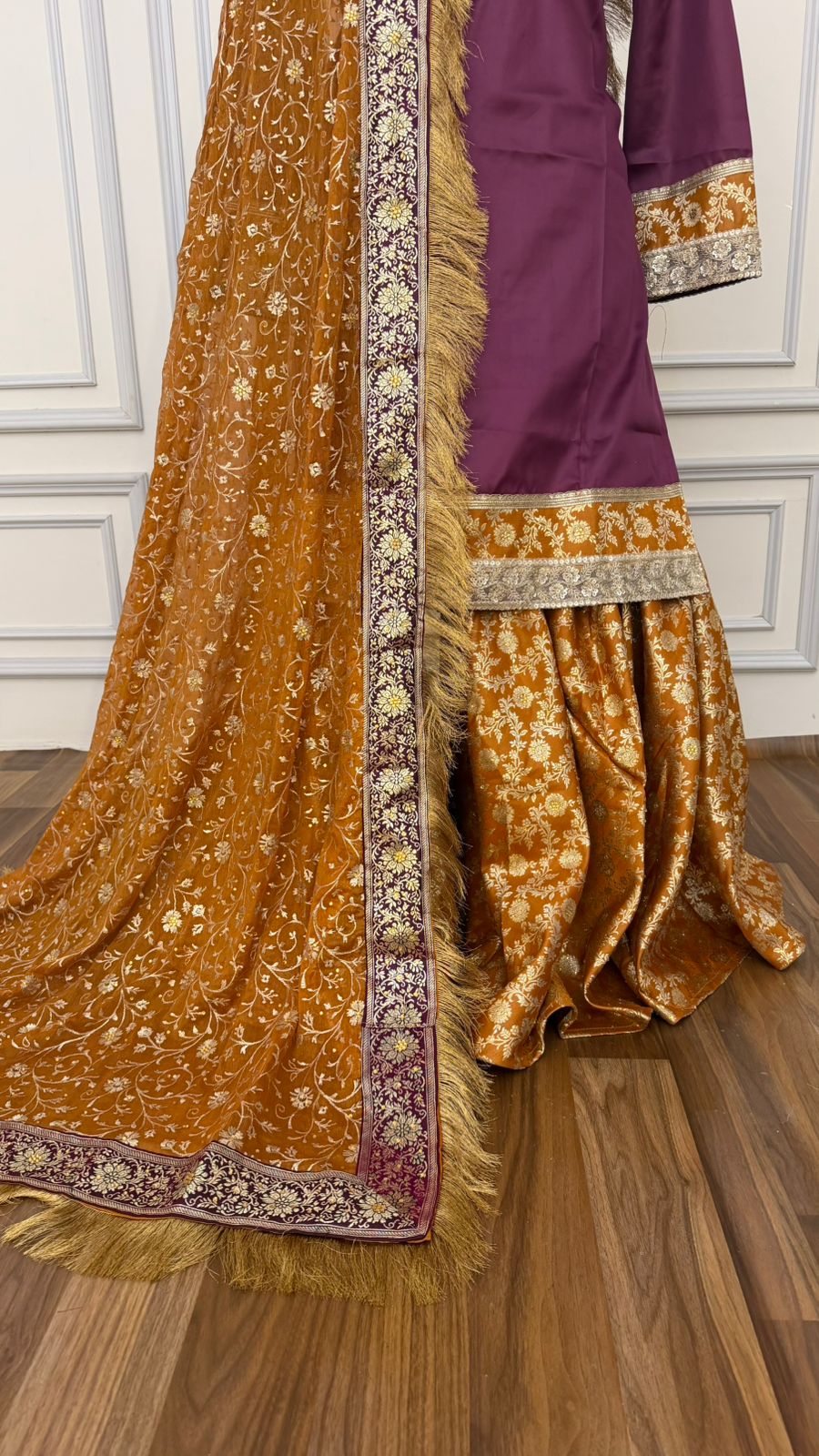 PURPLE AND MUSTARD KIMKHAB GHARARA