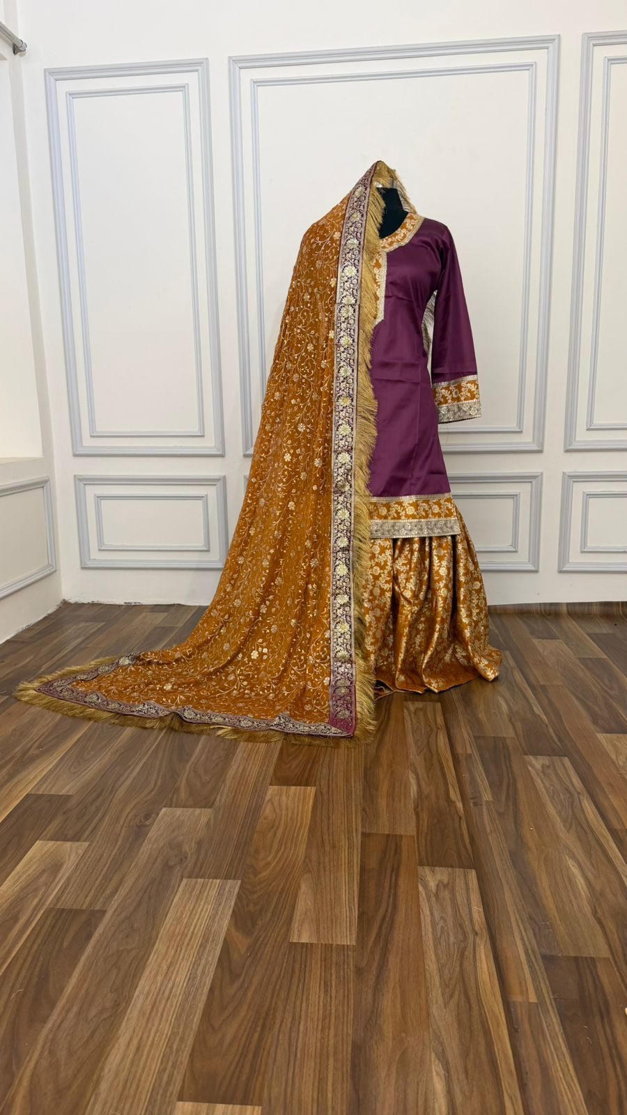 PURPLE AND MUSTARD KIMKHAB GHARARA