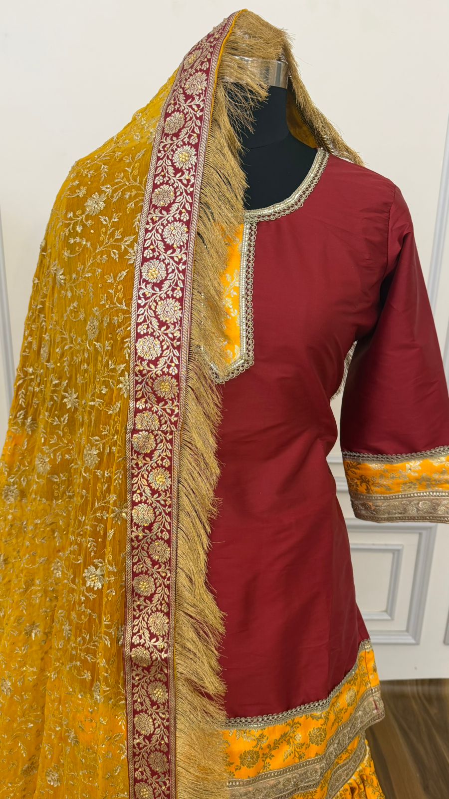 YELLOW AND MAROON KIMKHAB GHARARA
