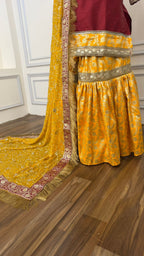 YELLOW AND MAROON KIMKHAB GHARARA