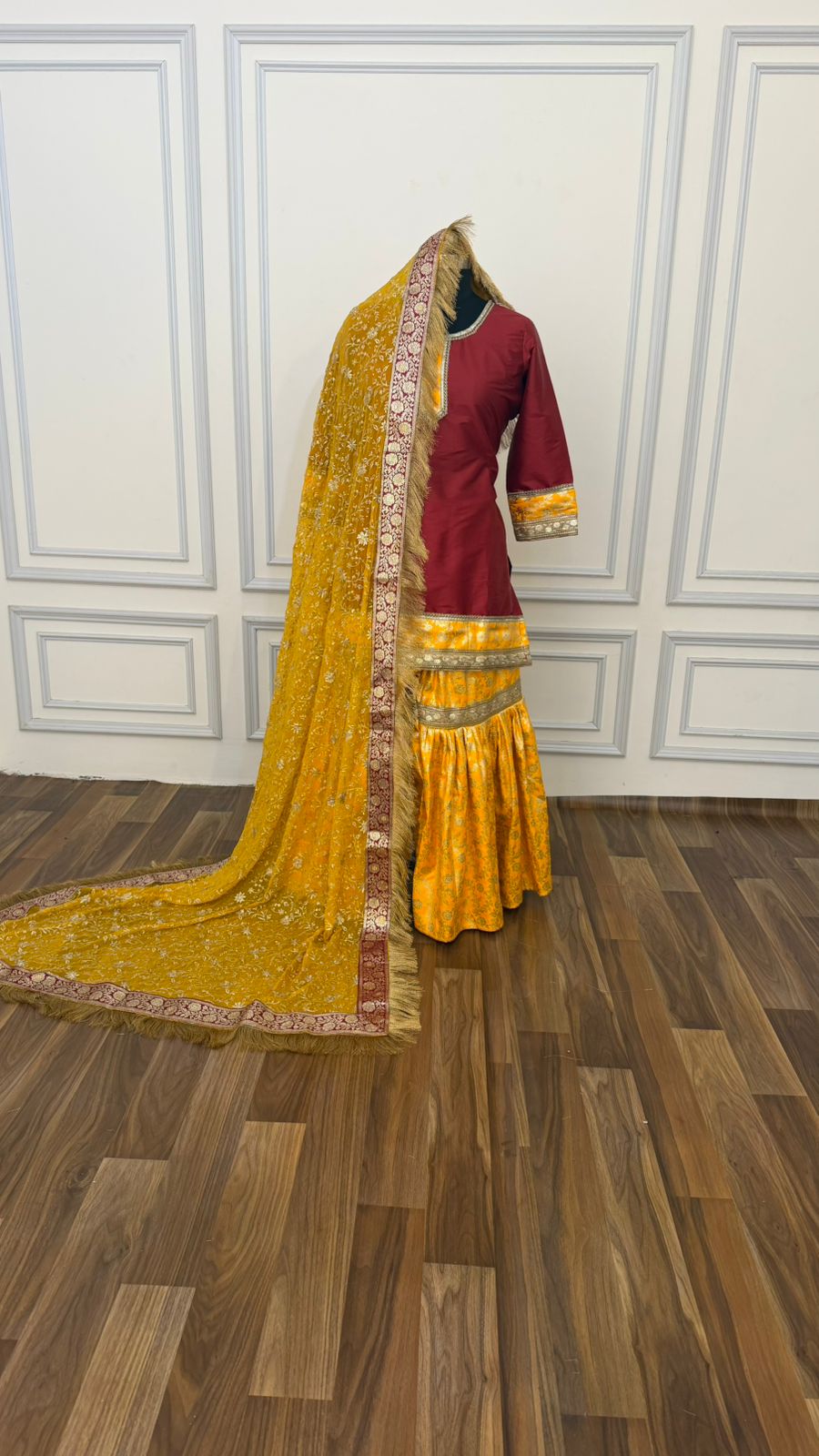YELLOW AND MAROON KIMKHAB GHARARA