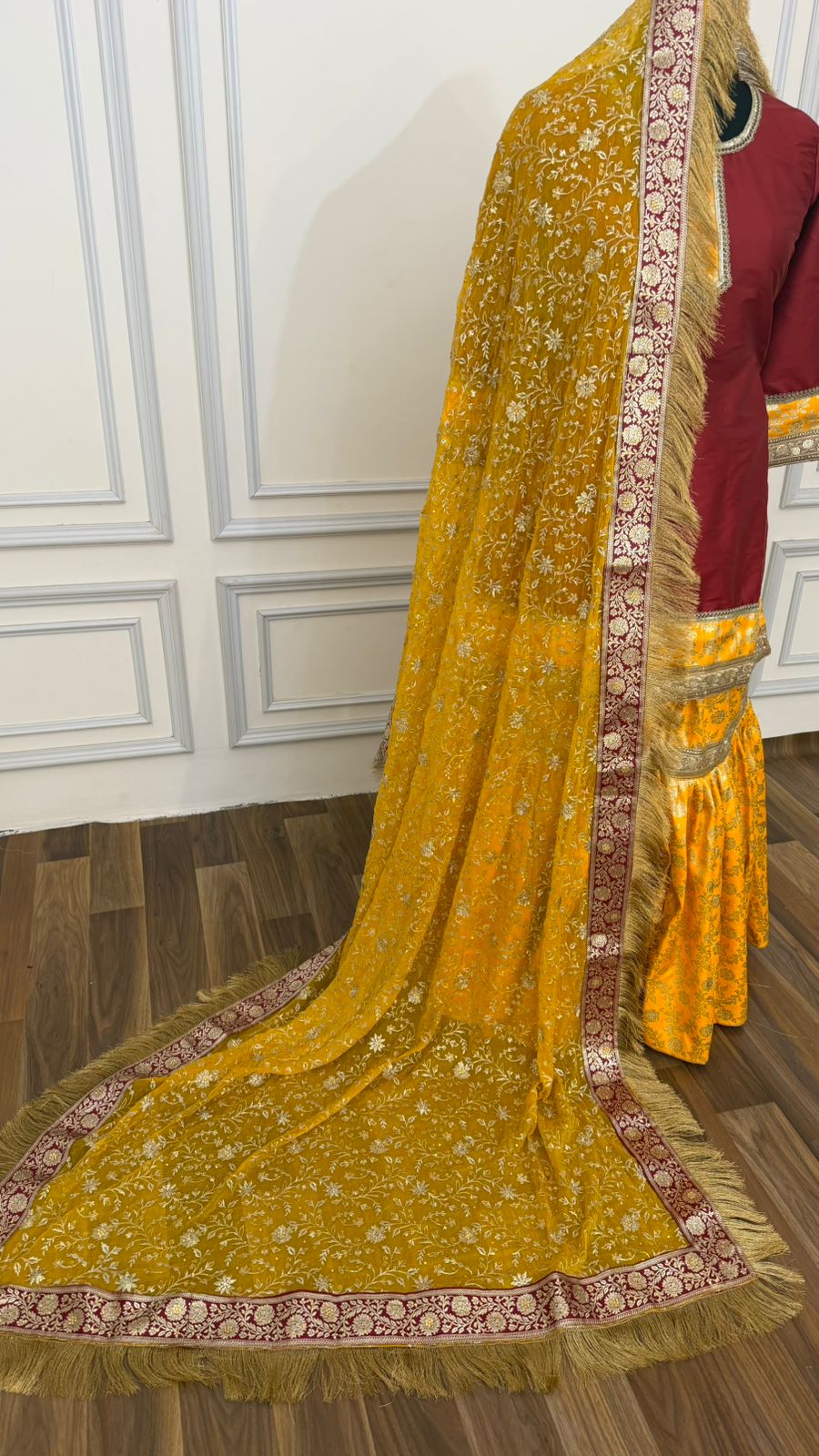 YELLOW AND MAROON KIMKHAB GHARARA