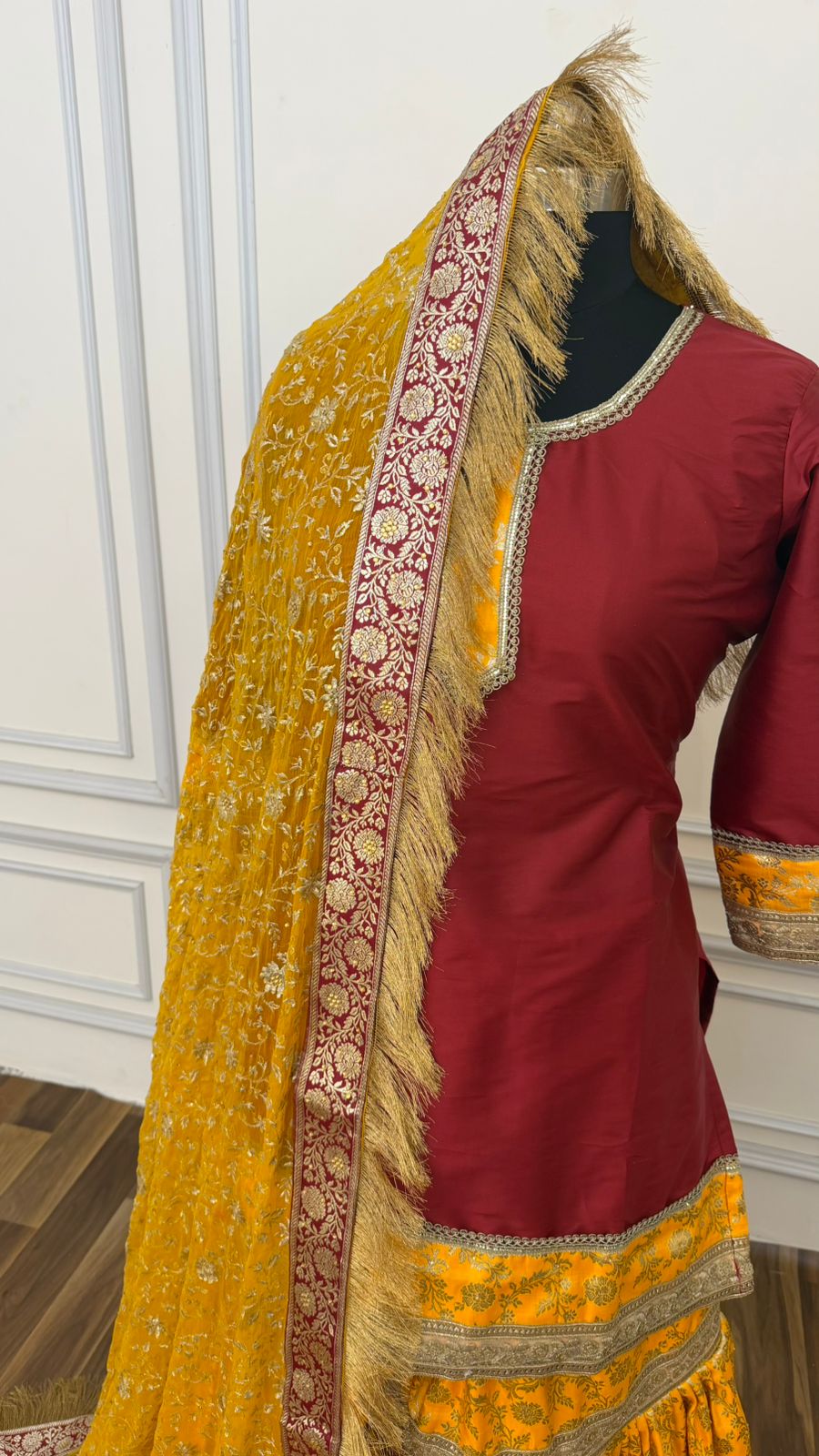 YELLOW AND MAROON KIMKHAB GHARARA