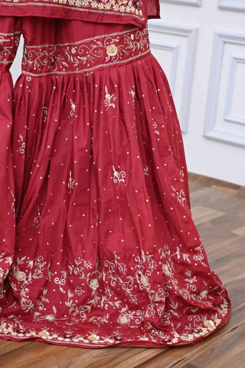 BRIDAL MAROON HAND WORK GHARARA BASED ON SILK FABRIC