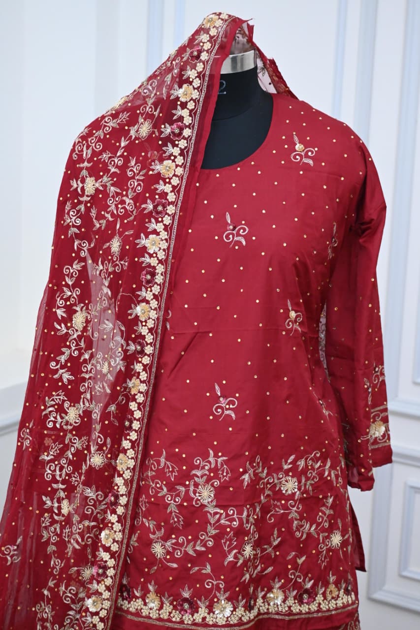 BRIDAL MAROON HAND WORK GHARARA BASED ON SILK FABRIC