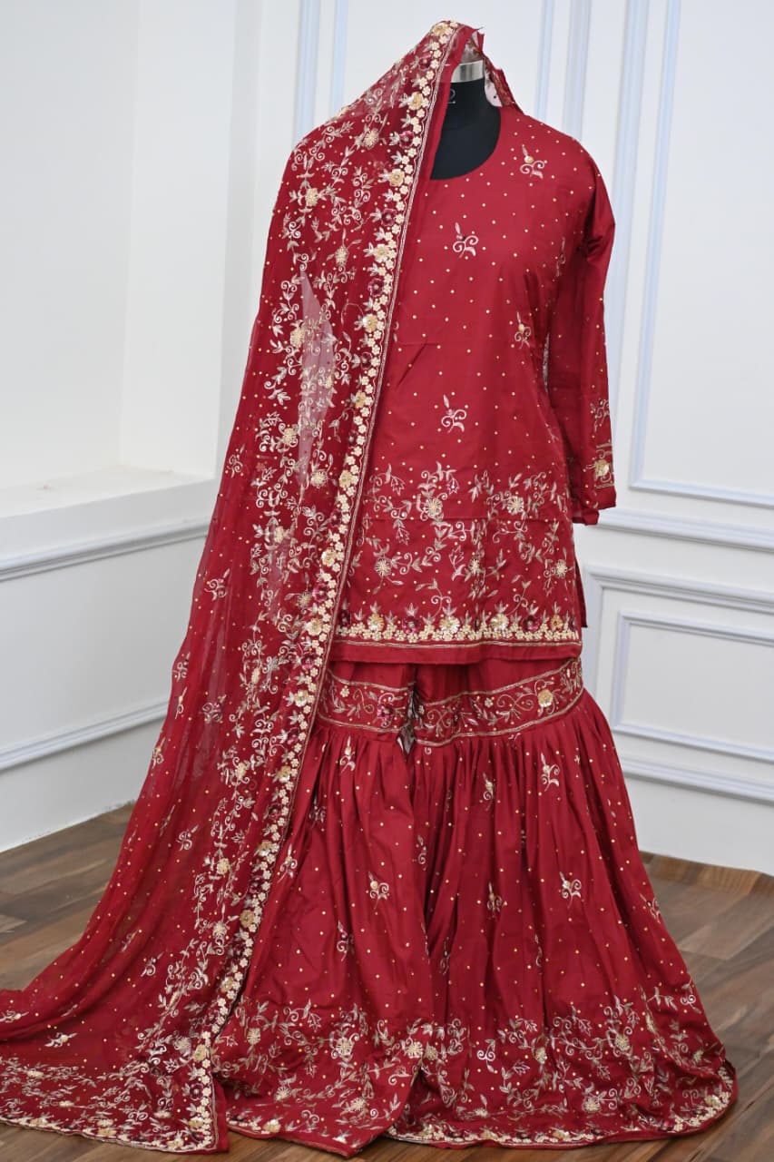 BRIDAL MAROON HAND WORK GHARARA BASED ON SILK FABRIC