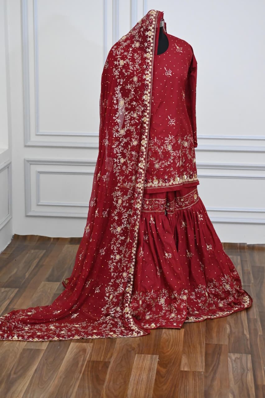 BRIDAL MAROON HAND WORK GHARARA BASED ON SILK FABRIC