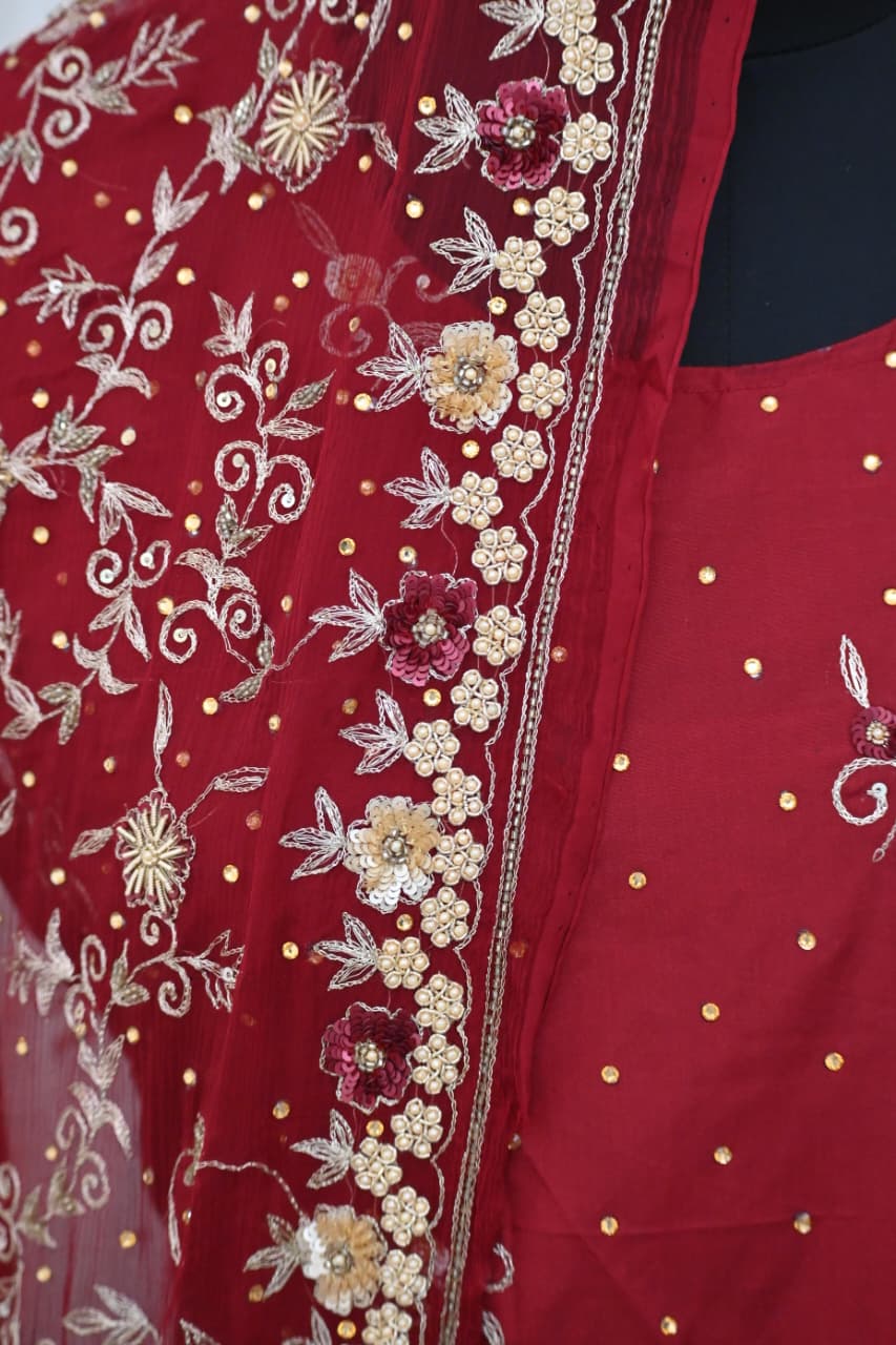 BRIDAL MAROON HAND WORK GHARARA BASED ON SILK FABRIC