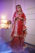 Maroon shade Embroidered Gharara with chiffon silk base