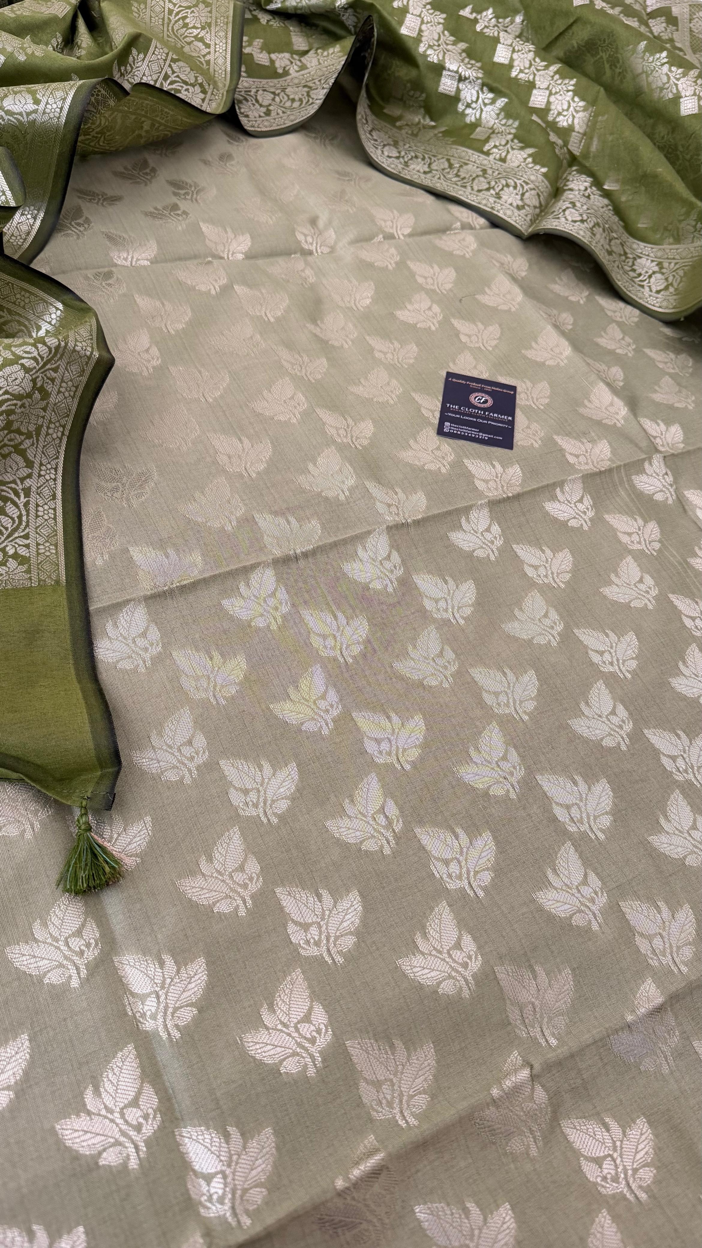 OLIVE COLOR CONTRAST COTTON SILK 3 PIECE SUIT