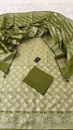 OLIVE COLOR CONTRAST COTTON SILK 3 PIECE SUIT