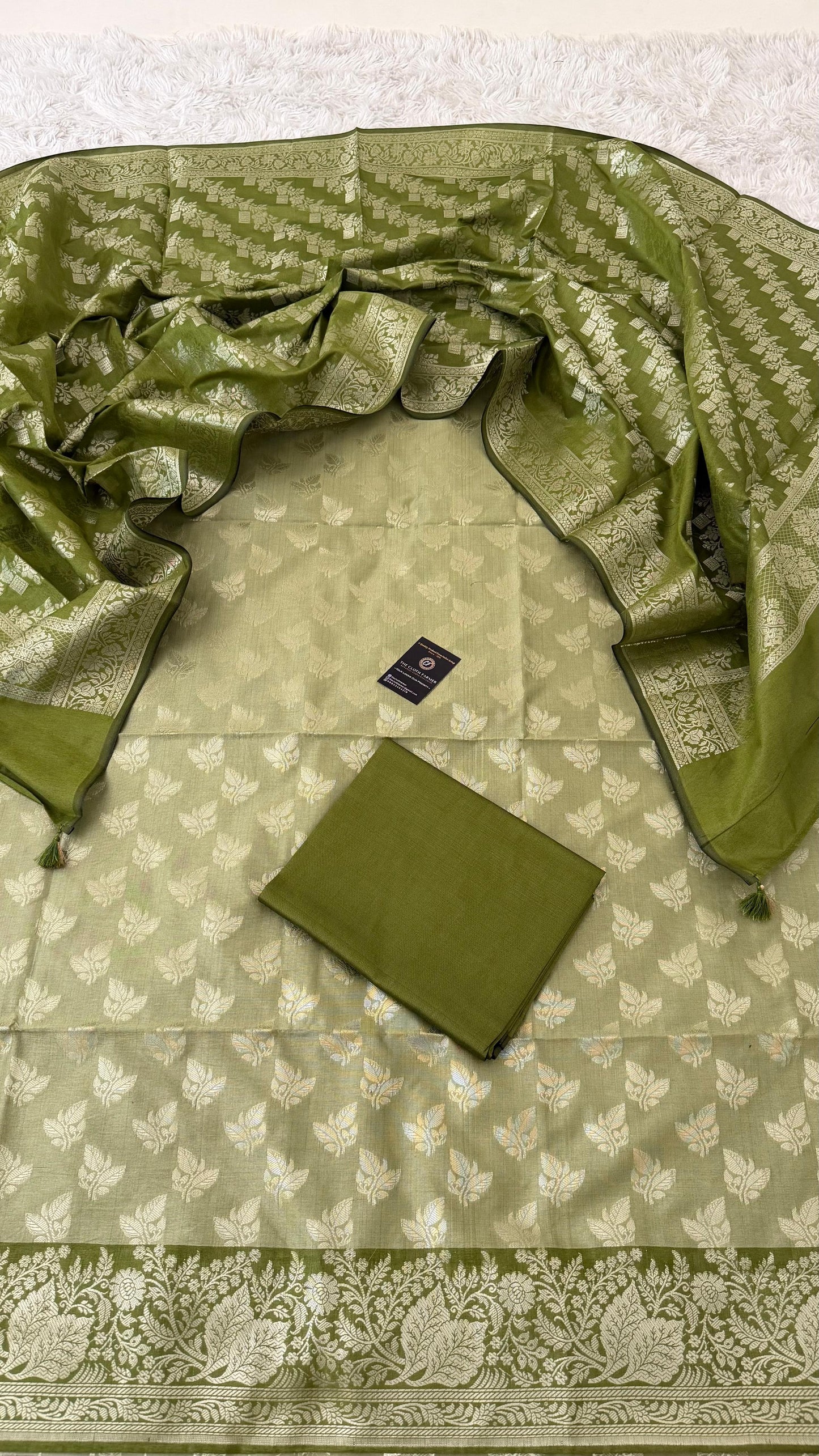 OLIVE COLOR CONTRAST COTTON SILK 3 PIECE SUIT