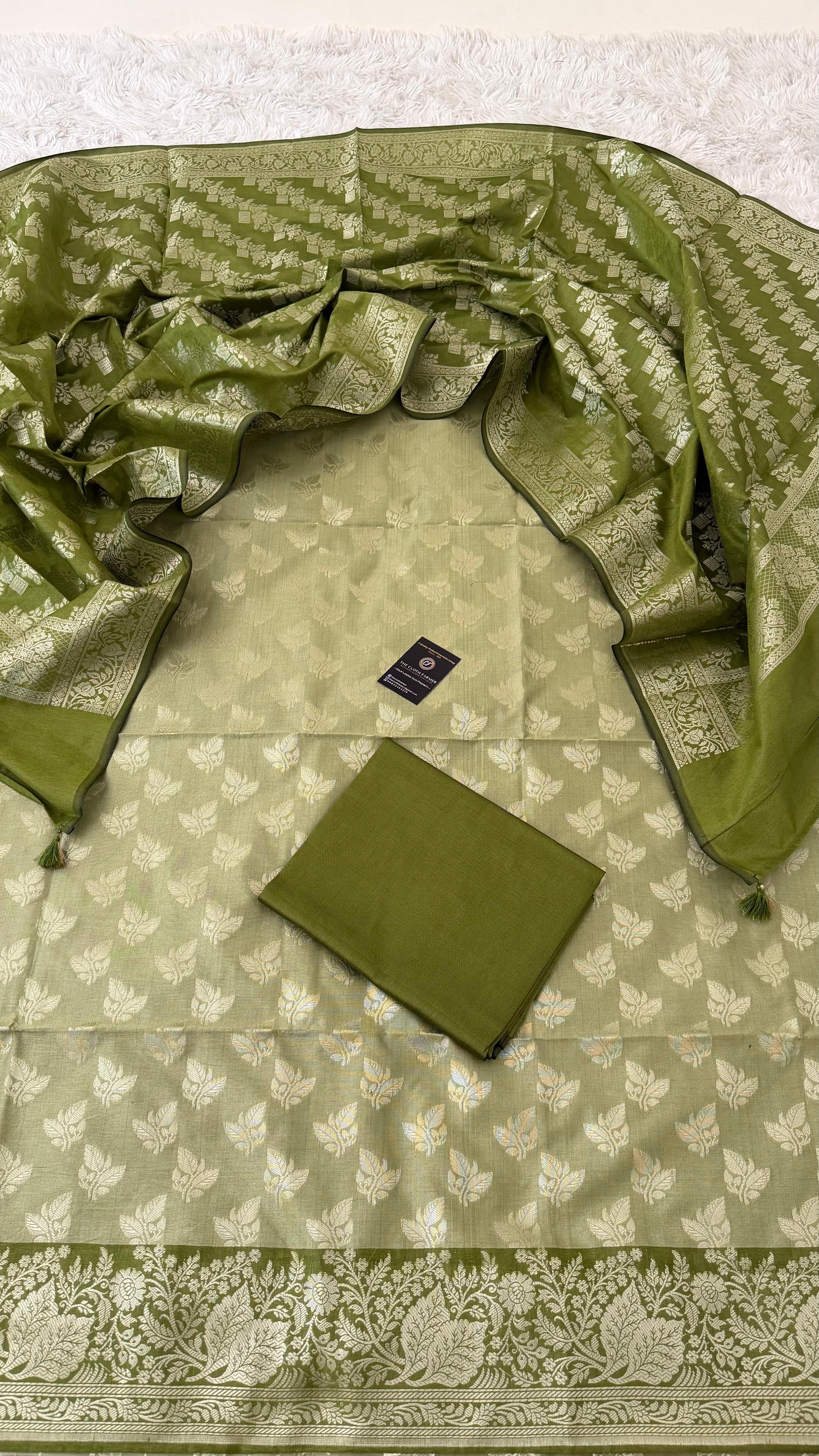 OLIVE COLOR CONTRAST COTTON SILK 3 PIECE SUIT