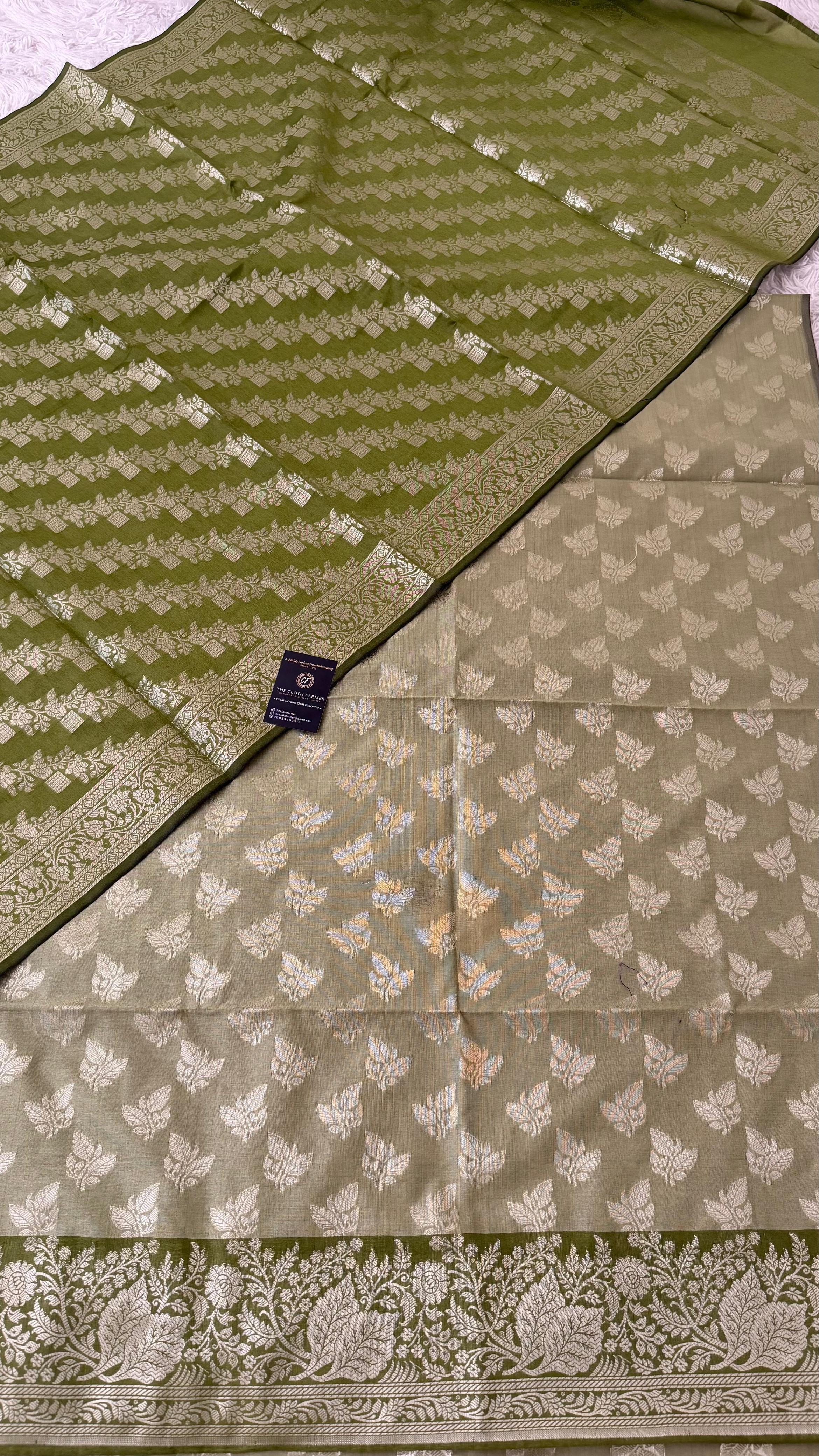 OLIVE COLOR CONTRAST COTTON SILK 3 PIECE SUIT