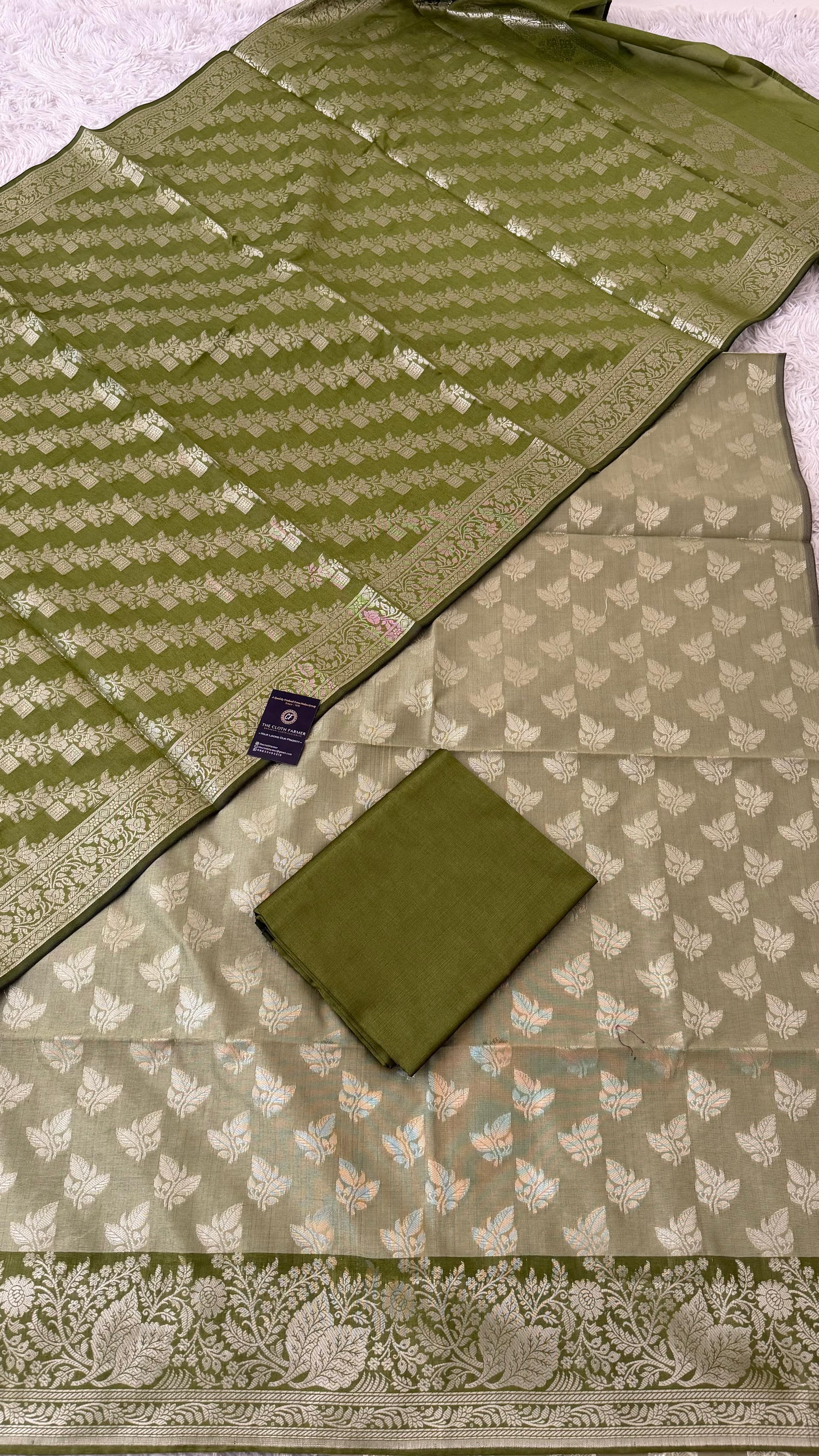 OLIVE COLOR CONTRAST COTTON SILK 3 PIECE SUIT