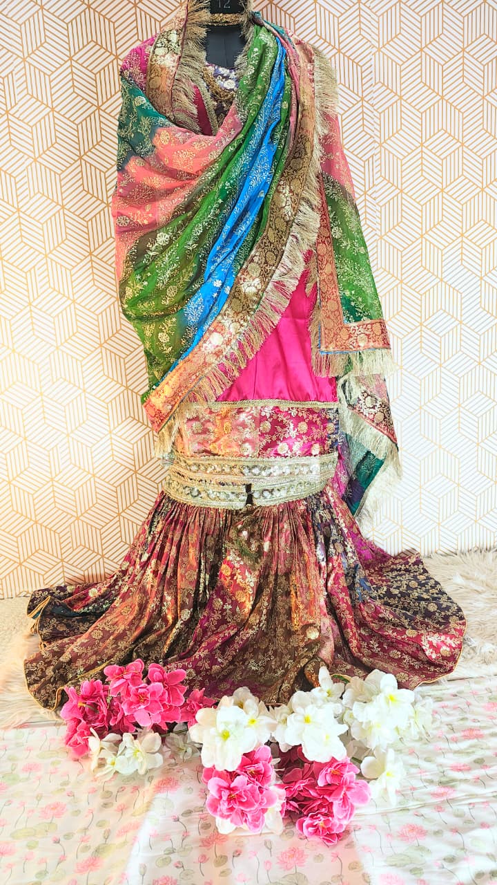 MULTI COLOR BANARASI KIMKHAB GHARARA WITH RANI PINK KURTI